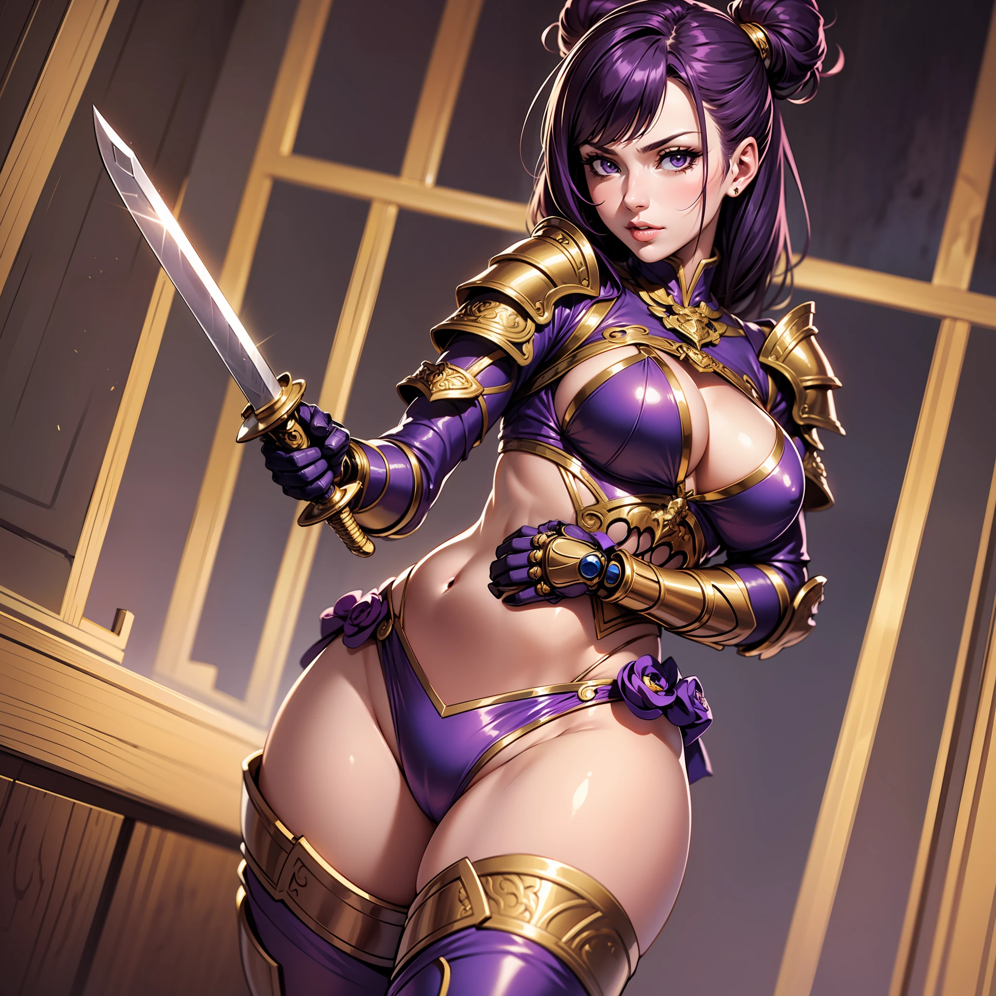 Woman in purple costume with sword and gold gloves, biomechanical oppai, juri misaki, knights of zodiac girl, SFW version, bikini armor female knight, sexy pudica pose gesture, ornate bikini armor, bikini-armor