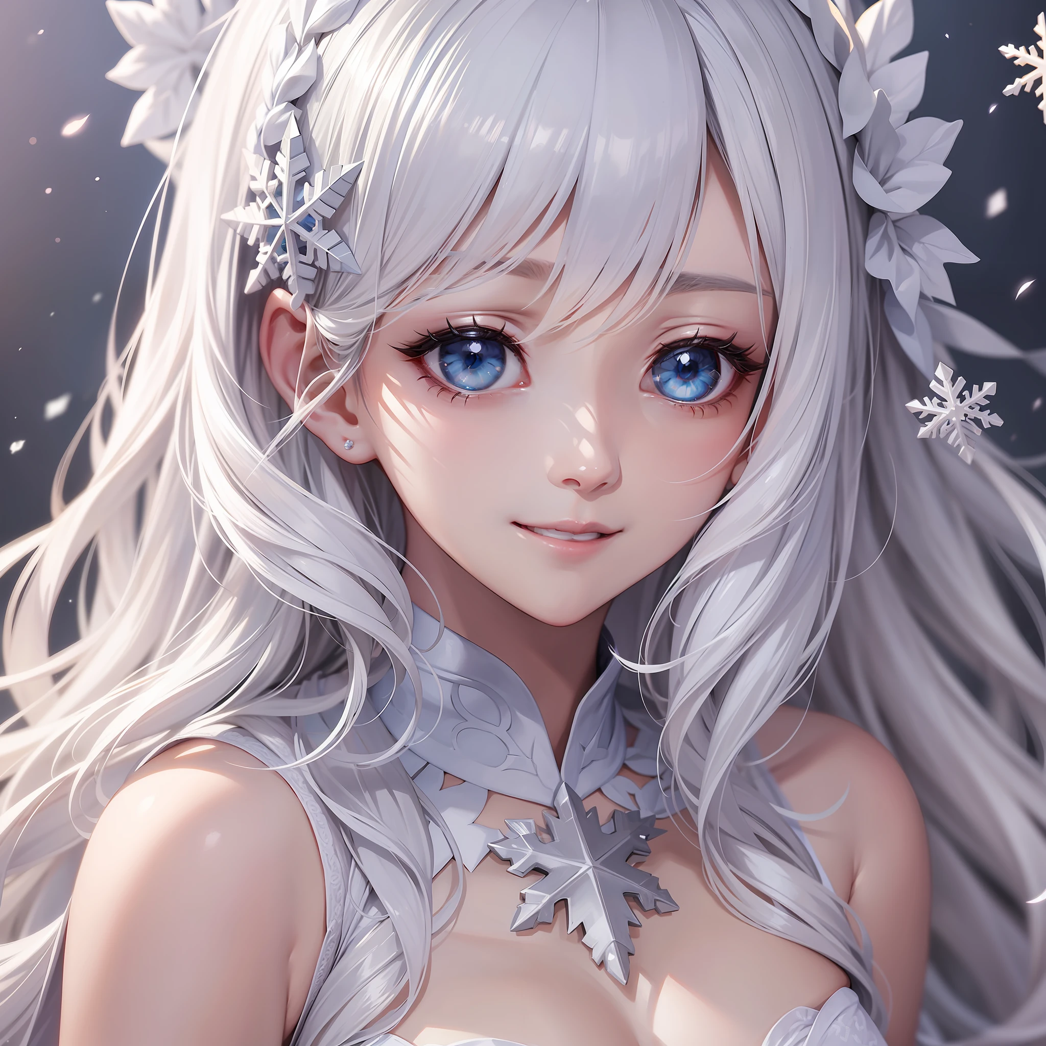 Anime style、ultra-quality、ultra-detailliert、One adult woman、frontage、Look at the viewer、White hair、Snowflake Hair Ornament、bustup、Smile Masterpiece、luslous skin、Beautiful eyes、Sleeveless、animesque、white gown、Background blank、