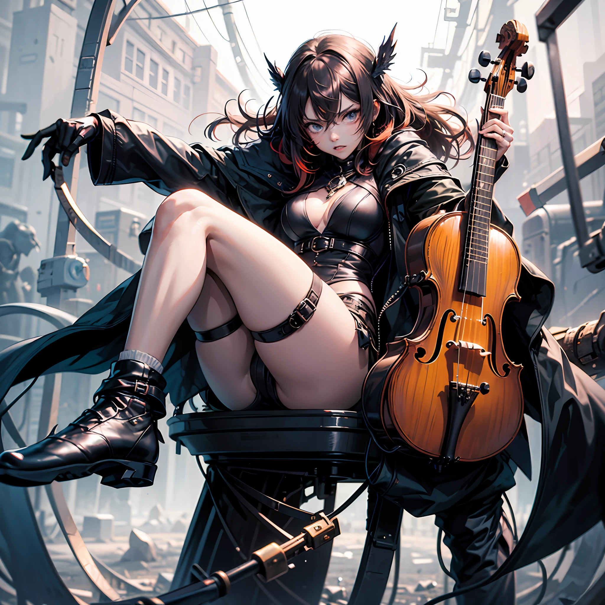 Estilo anime, mulher com cabelos pretos, usando roupas pretas, com os olhos vermelhos, with an angry expression, tocando um violino branco --auto