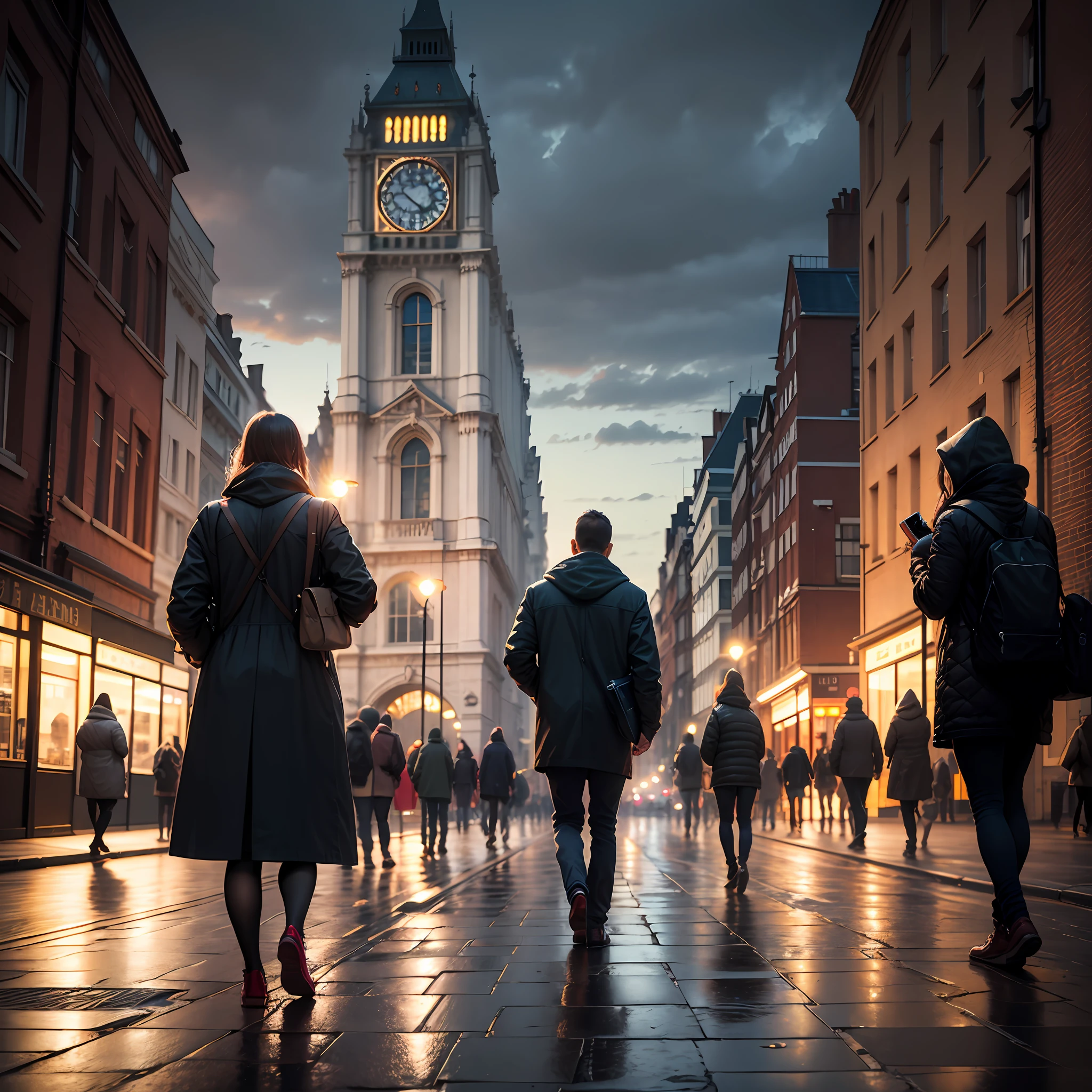 Estilo realista, cena horizontal hiper-detalhada, altamente imersivo, a crowd,muitas pessoas todos vestindo ternos pretos, caminhando pelas ruas de Londres depois de uma chuva;, lighting intricate details, capturing the essence amidst an urban landscape, The image was taken with a high-resolution camera that brings to life all the nuances of the scenery, 8k, HDR --auto