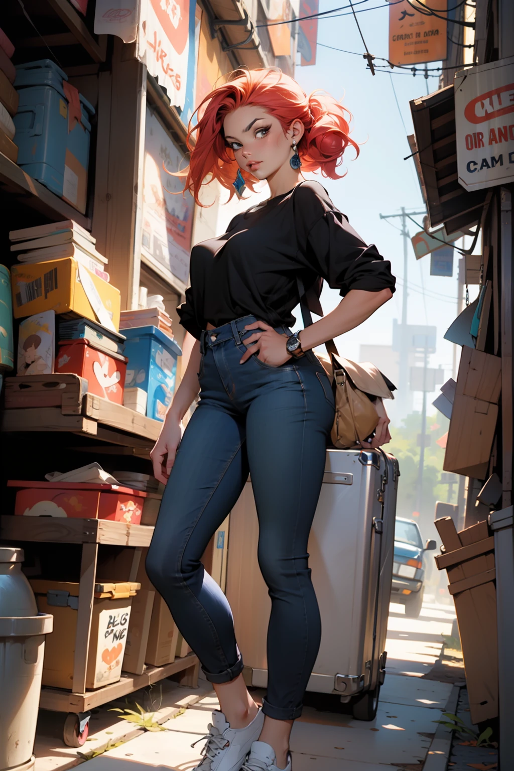 :: estilo comix por joe madureira :: bonito, perfeito e detalhado,mulher , cabelos longos e vermelhos olhos rosas de corpo inteiro , de frente camisa branca ,blue jeans. Black standing sneakers
