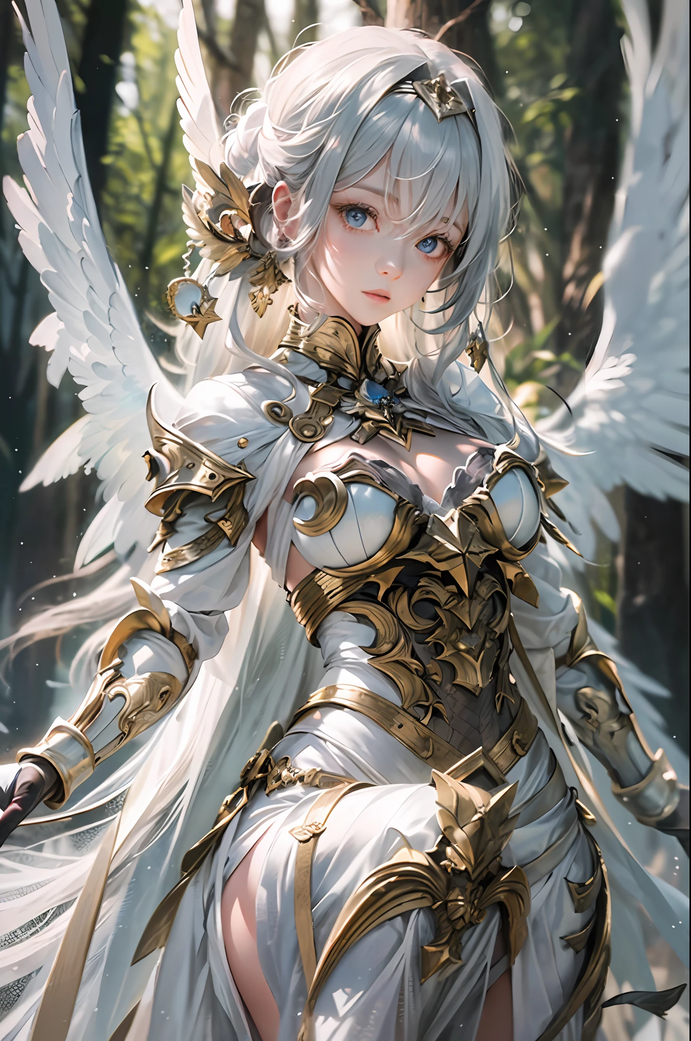 ((top-quality:1.4))、(unparalleled masterpiece ever)、(The ultra -The high-definition)、(Ultra realistic 8K CG)、(Photorealsitic:1.4)、Raw photography、ciinematic light,In the dark forest、The tree々Sunlight penetrates、(actionpose:1.4)、(dark shot:1.4)、Platinum White Hair、Beautiful angel covered with jewels、Highly detailed bronze armor、verd s eyes、Broken Angel Wings、、lensflare、Shading by sunlight、8 class large、thicc body、Add depth to images with backlight effects、 perfect anatomia、