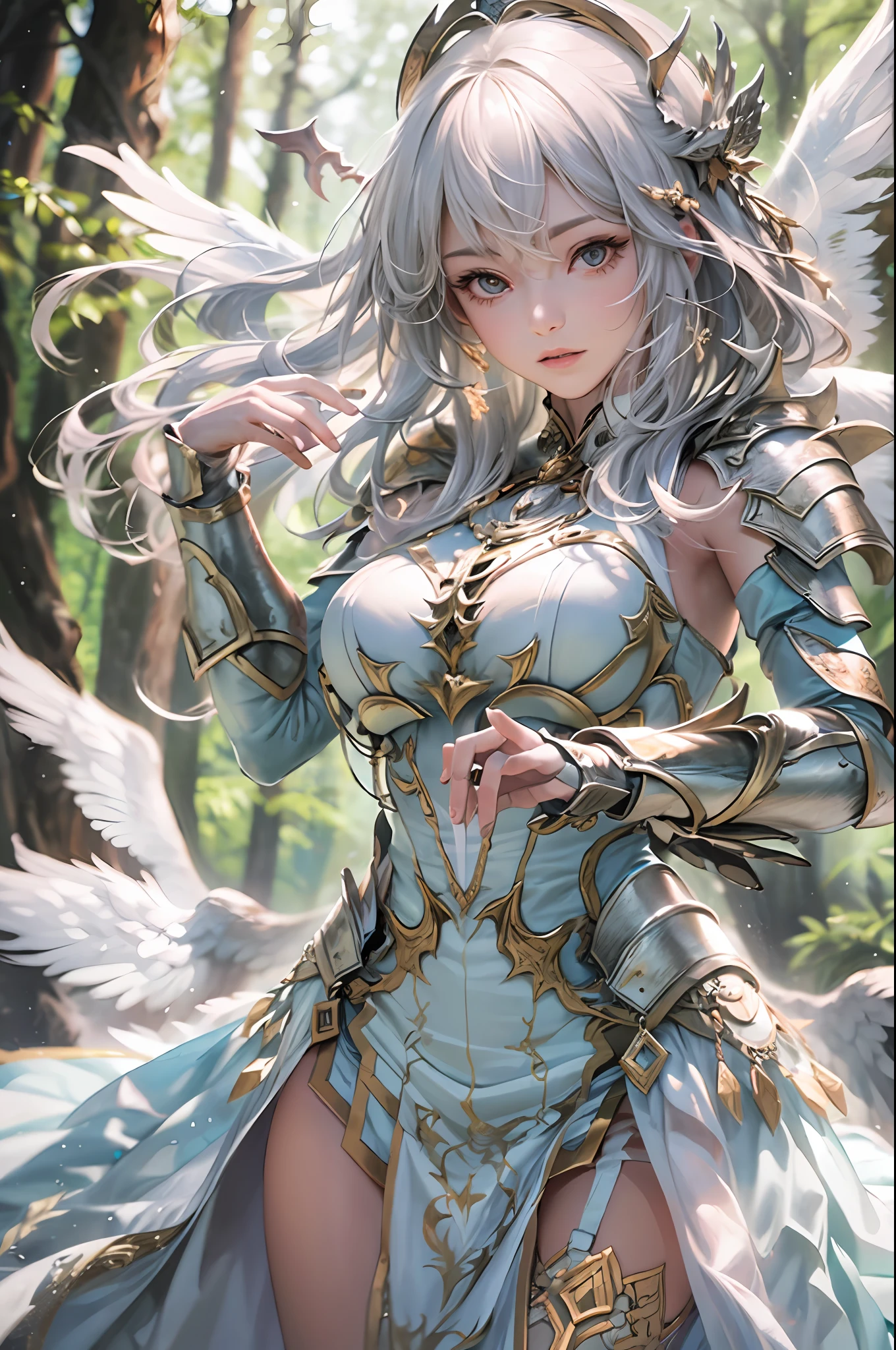 ((top-quality:1.4))、(unparalleled masterpiece ever)、(The ultra -The high-definition)、(Ultra realistic 8K CG)、(Photorealsitic:1.4)、Raw photography、ciinematic light,In the dark forest、The tree々Sunlight penetrates、(actionpose:1.4)、(dark shot:1.4)、Platinum White Hair、Beautiful angel covered with jewels、Highly detailed bronze armor、verd s eyes、Broken Angel Wings、、lensflare、Shading by sunlight、8 class large、thicc body、Add depth to images with backlight effects、 perfect anatomia、