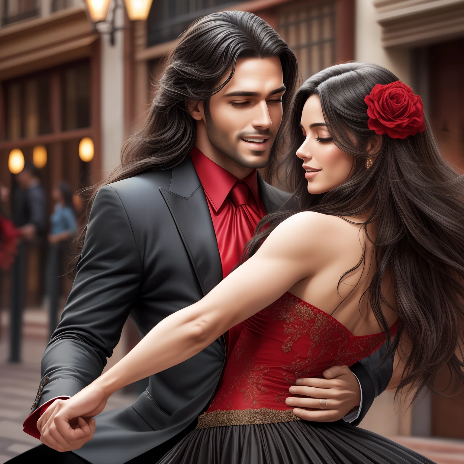 "Hyper realistic super detailed faces, Fit handsome man dancing a passionate tango outside with a beautiful Hispanic woman. She has long black hair and is wearing a traditional red and black flamenco dress."