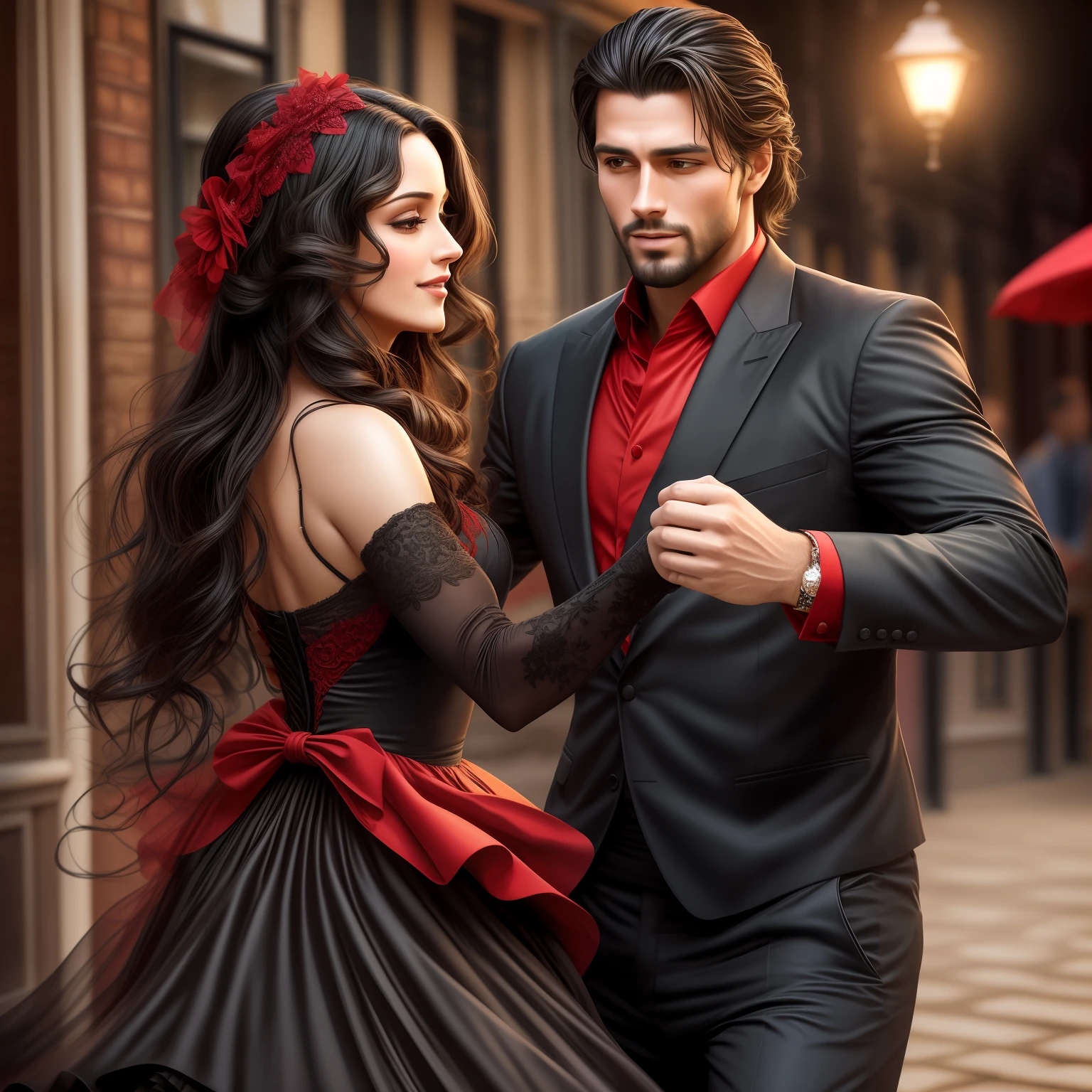 "Hyper realistic super detailed faces, Fit handsome man dancing a passionate tango outside with a beautiful Hispanic woman. She has long black hair and is wearing a traditional red and black flamenco dress."