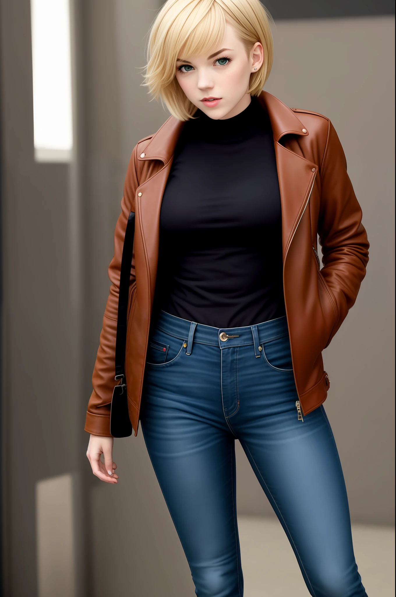 Gwen Stacey with short blonde hair and large boobs, wearing a leather jacket and jeans
