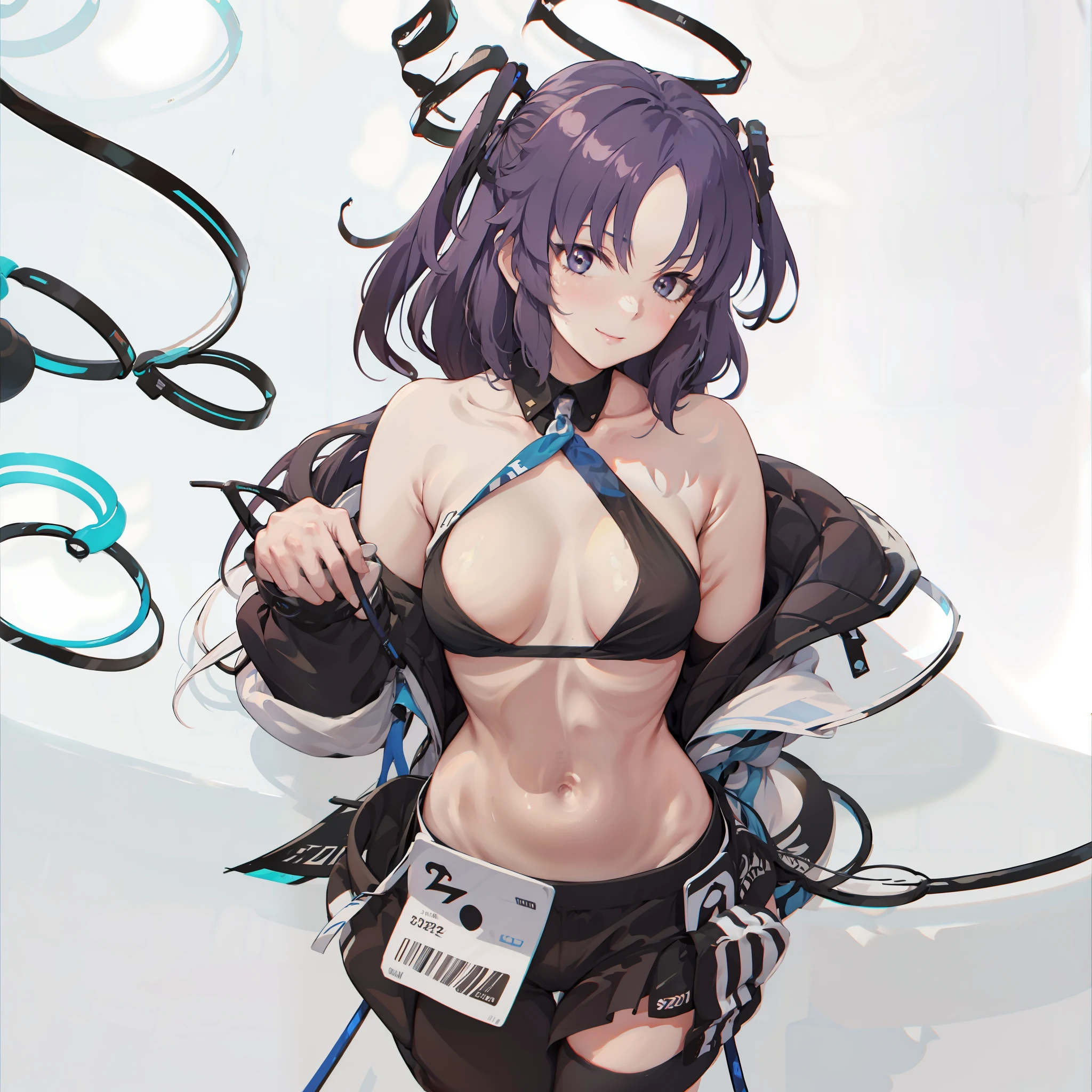 hayase yuuka (blue archive), black tank top, skin tight, midriff, navel, sexy, bratty, smug, smirk, cleavage, sideboob