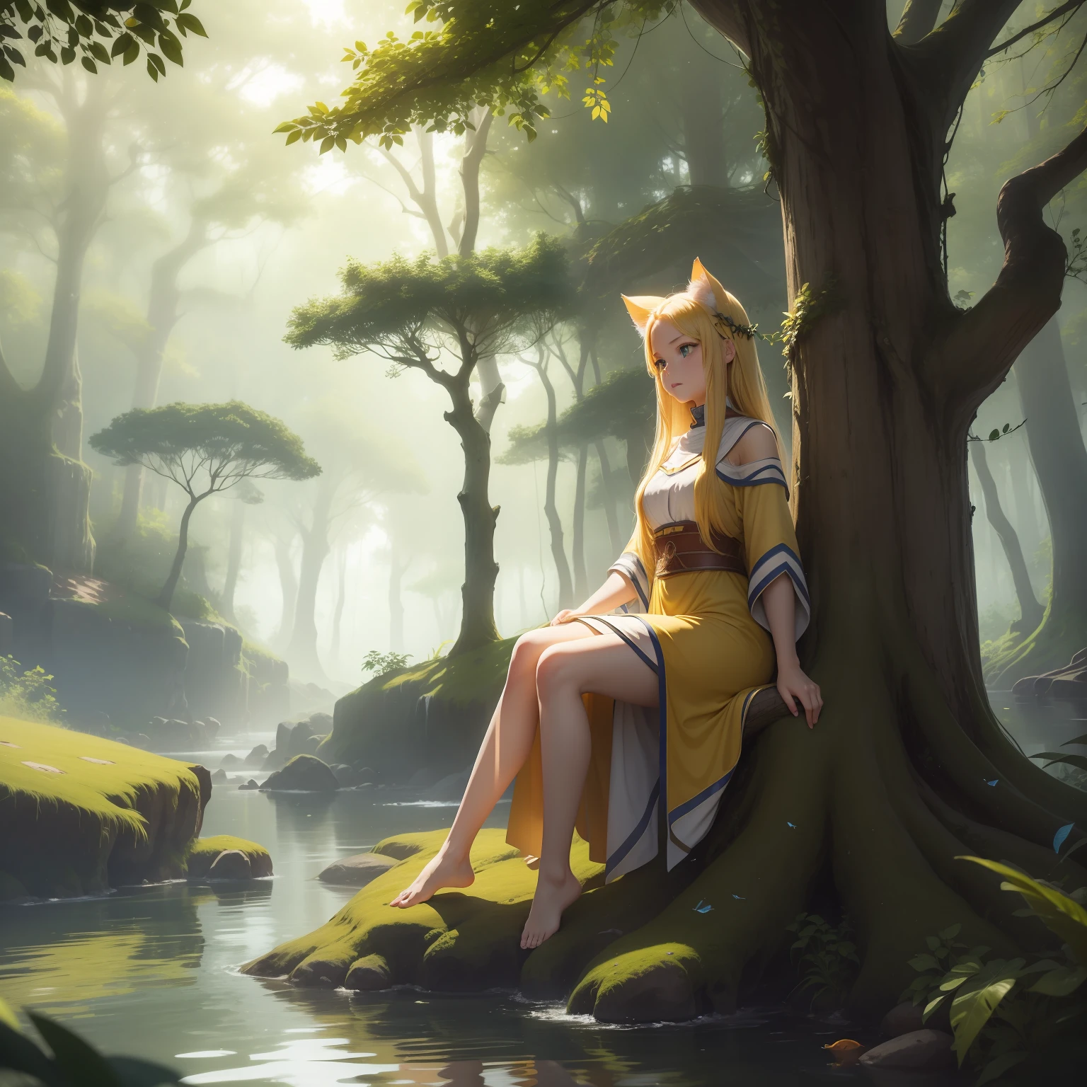 Atena -- deusa grega da sabedoria, guerra, Craftsmanship and skill -- young -- beautiful -- long blonde hair -- blue eyes -- fair skin -- dressed in a white tunic -- is sitting on a tree trunk near a lake,
    Yellow cat -- domestic animal -- small -- cute -- bright yellow fur -- hidden behind a tree -- watching Athena bathe in the lake,
    Lake -- natural body of water -- located in a forest -- surrounded by trees and plants -- crystal clear water,
    Scenery -- dark and mysterious forest -- tall, narrow trees -- dense green leaves -- air is filled with the sound of birds chirping -- smell of wet earth,
    Action -- Athena bathing in the lake -- yellow cat spying on her,
    Effect -- climate of mystery and suspense -- gloomy scenery -- presence of the yellow cat -- sense of danger and uncertainty, anime, anime obra prima, estilo anime,