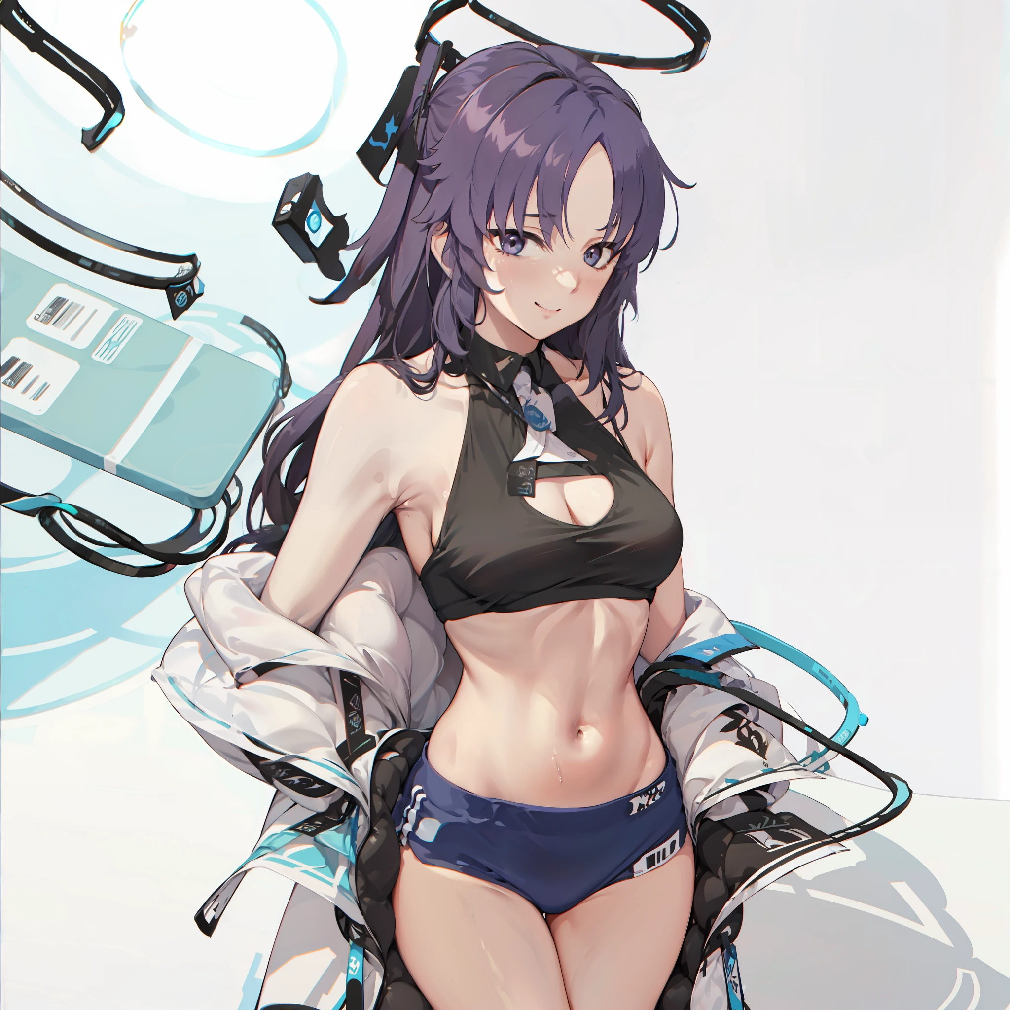 hayase yuuka (blue archive), black tank top, skin tight, midriff, navel, sexy, bratty, smug, smirk, cleavage, sideboob