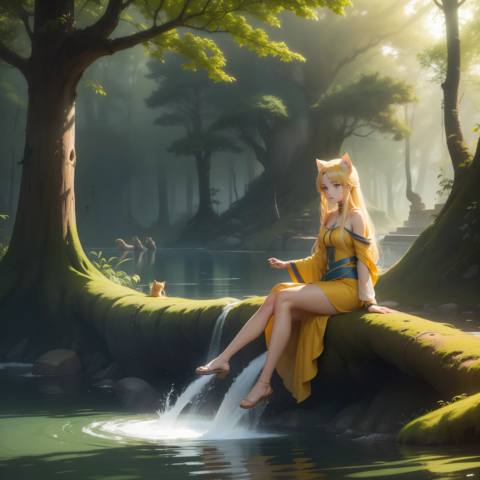 Atena -- deusa grega da sabedoria, guerra, Craftsmanship and skill -- young -- beautiful -- long blonde hair -- blue eyes -- fair skin -- dressed in a white tunic -- is sitting on a tree trunk near a lake,
Yellow cat -- domestic animal -- small -- cute -- bright yellow fur -- hidden behind a tree -- watching Athena bathe in the lake,
Lake -- natural body of water -- located in a forest -- surrounded by trees and plants -- crystal clear water,
Scenery -- dark and mysterious forest -- tall, narrow trees -- dense green leaves -- air is filled with the sound of birds chirping -- smell of wet earth,
Action -- Athena bathing in the lake -- yellow cat spying on her,
Effect -- climate of mystery and suspense -- gloomy scenery -- presence of the yellow cat -- sense of danger and uncertainty, anime, anime obra prima, estilo anime,