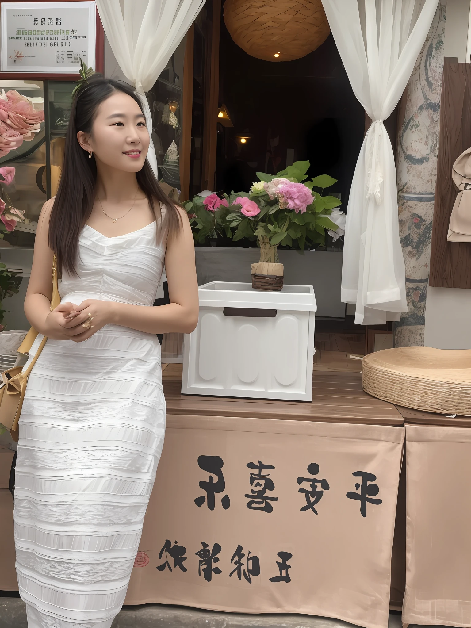 Woman in white dress standing in front of the store，Holding a basket of flowers, 🤬 🤮 💕 🎀, xintong chen, wearing a cute white dress, 2 , 2 9 years oldtaverse, A young Asian woman, Inspired by Huang Ji, wenfei ye, height of 165cm, Chinese girl