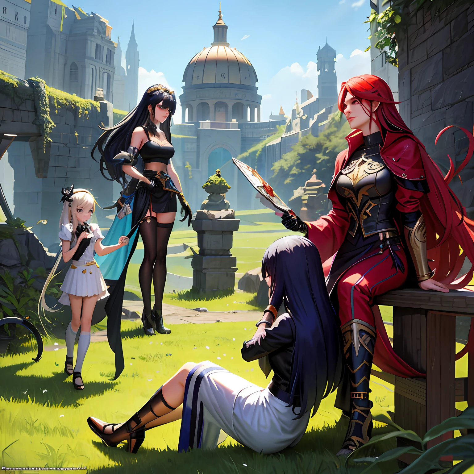 There's a lot of people who are on the grass, Lendas de Runeterra, Artgerm e Atey Ghailan, estilo de arte de fantasia, 2. 5 d cgi anime fantasia arte, MMO de fantasia, arte oficial splash, Epic fantasy art style, Epic Fantasy Digital Art Style, rossdraws global illumination, arte fantasia behance, Ruan Jia e Artgermanime, anime, obra prima,[--Athena --deusa da sabedoria --das artes --da guerra, --Arachne --talented weaver --jealousy --weaving competition, --Scenery--Source --Challenge --image of the gods of Mount Olympus --image of the gods doing shameful things, --Athena --zangada --transformou Arachne em aranha, --Arachne --presada --tecer sua teia]