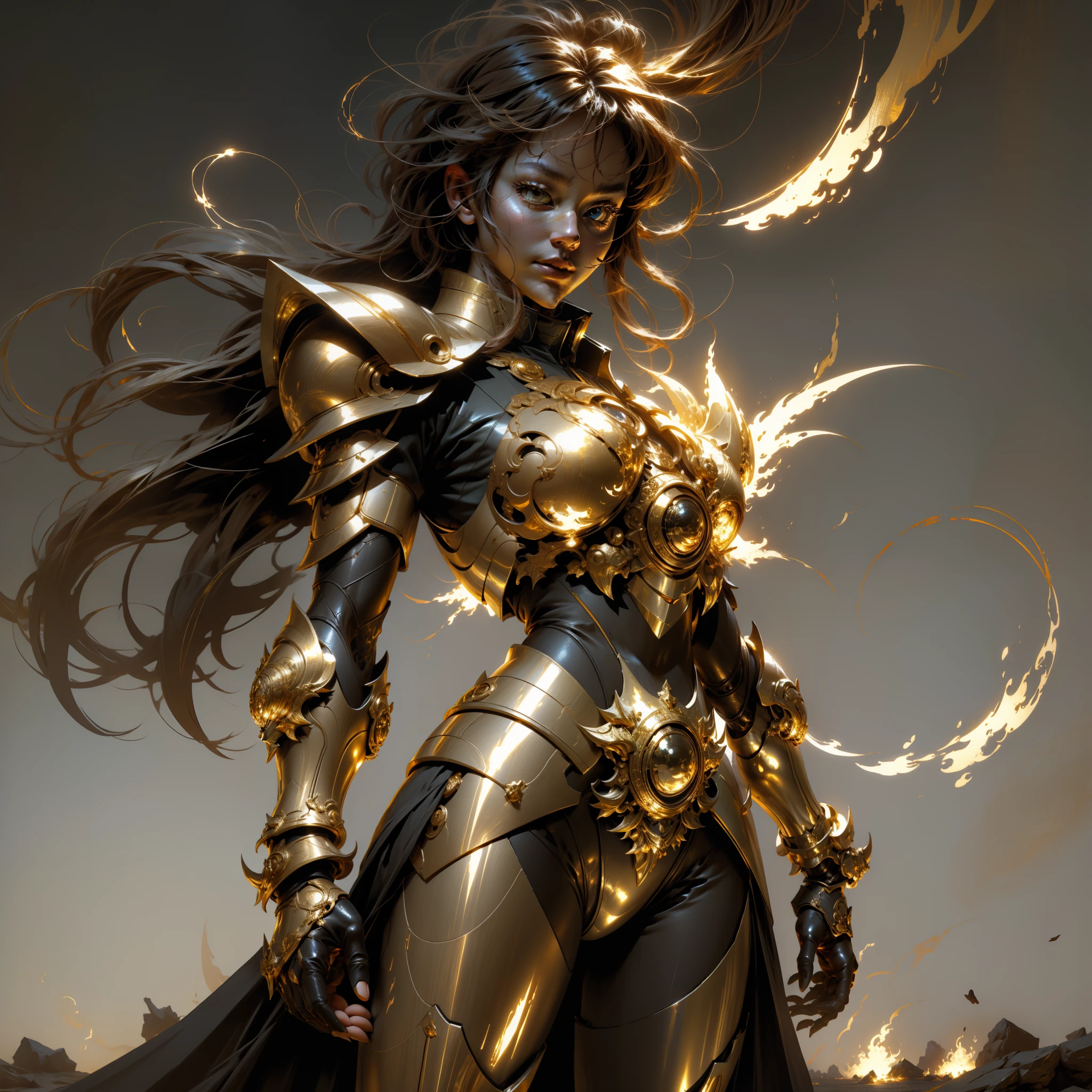 (masterpiece), (best quality), (1girl), girl in golden armor, cool pose, battle field background, fire background, saint seiya armor, messy hair