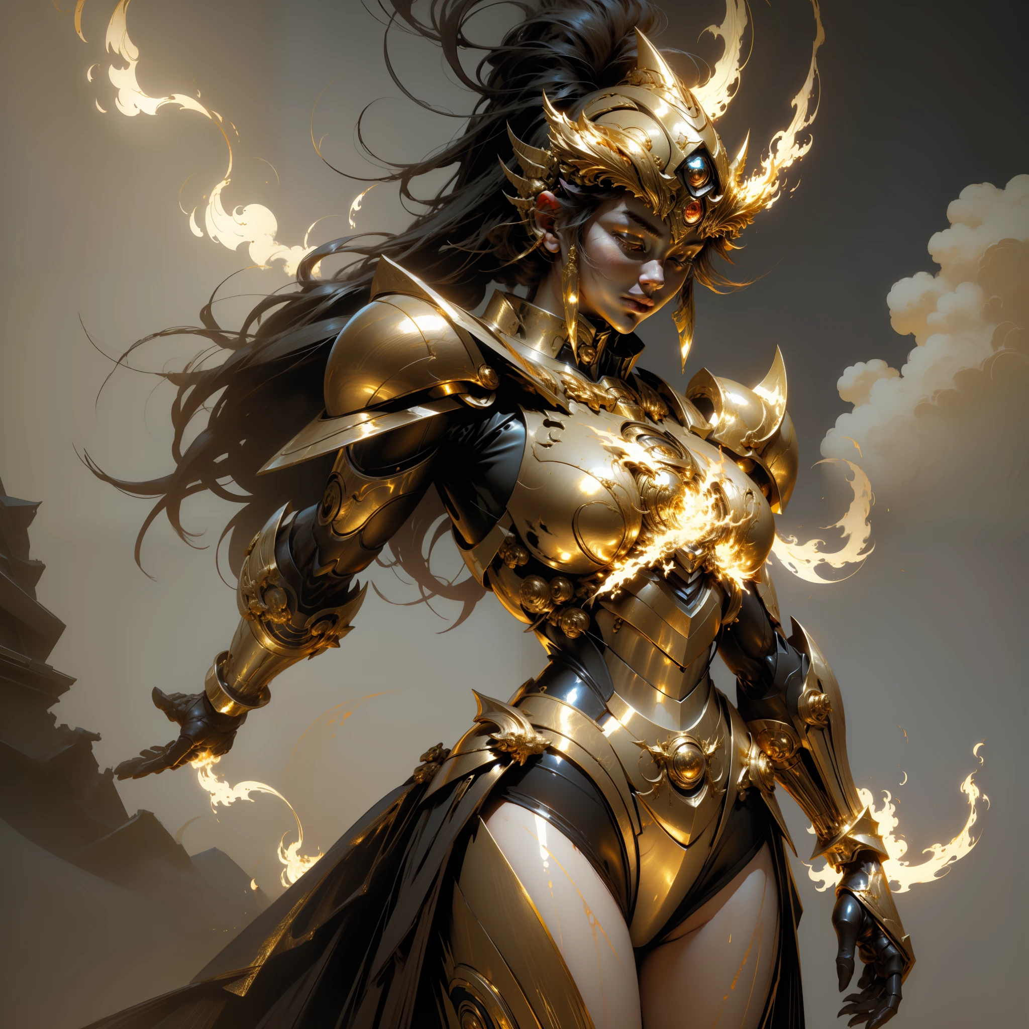 (masterpiece), (best quality), (1girl), girl in golden armor, cool pose, battle field background, fire background, saint seiya armor, messy hair