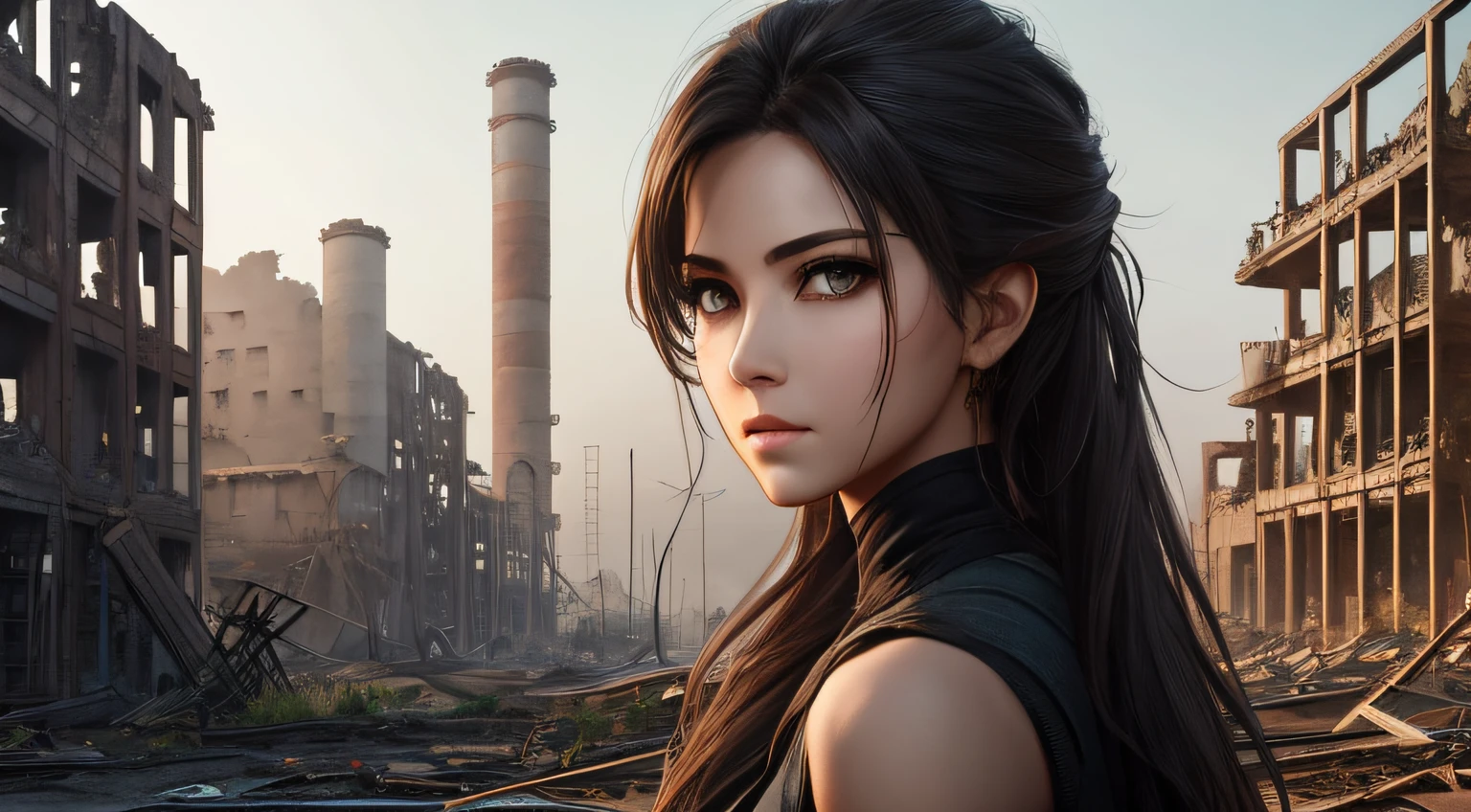 Ruins of an abandoned factory、rubble、Woman with one beautiful face、Form from the waist up、Black eyes、in her 20s、Scruffy appearance、Very delicate and dense、An ultra-high picture quality、超A high resolution、8K、very vivid colour、dynamic ungle --auto