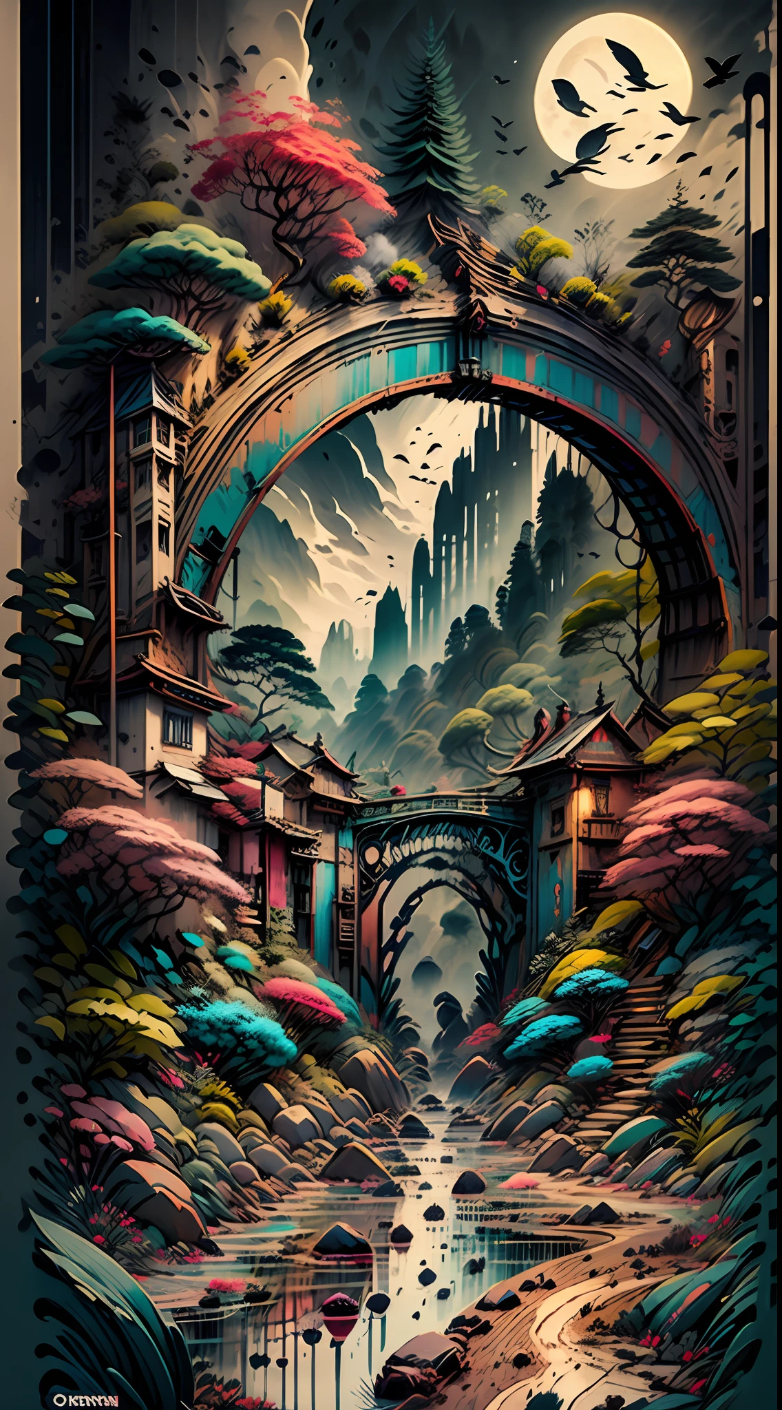 Um lugar magico com cores vivas cachoeiras, montanha, uma ponte e uma cidade ao orizonte, 8k, contraste +25