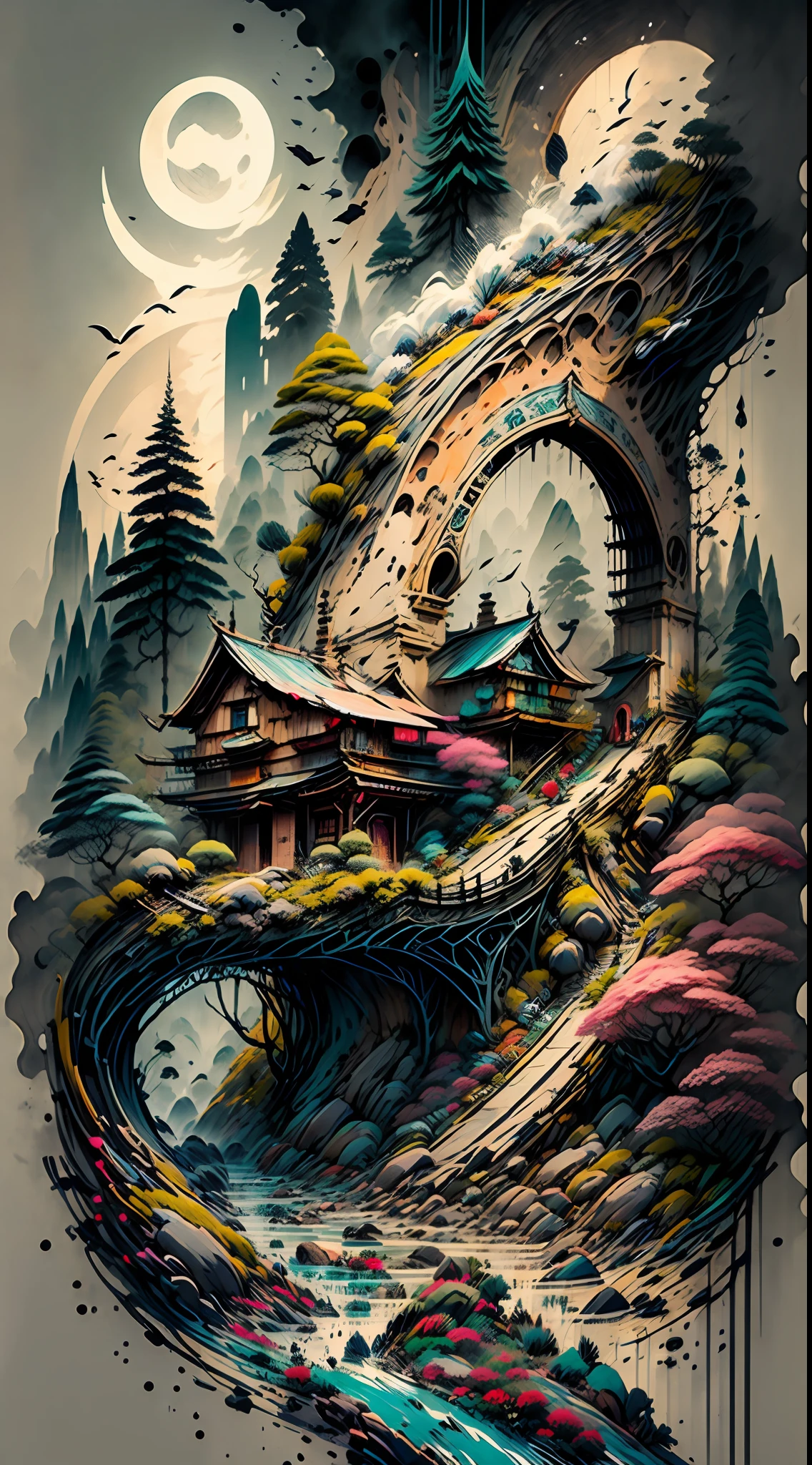 Um lugar magico com cores vivas cachoeiras, montanha, uma ponte e uma cidade ao orizonte, 8k, contraste +25