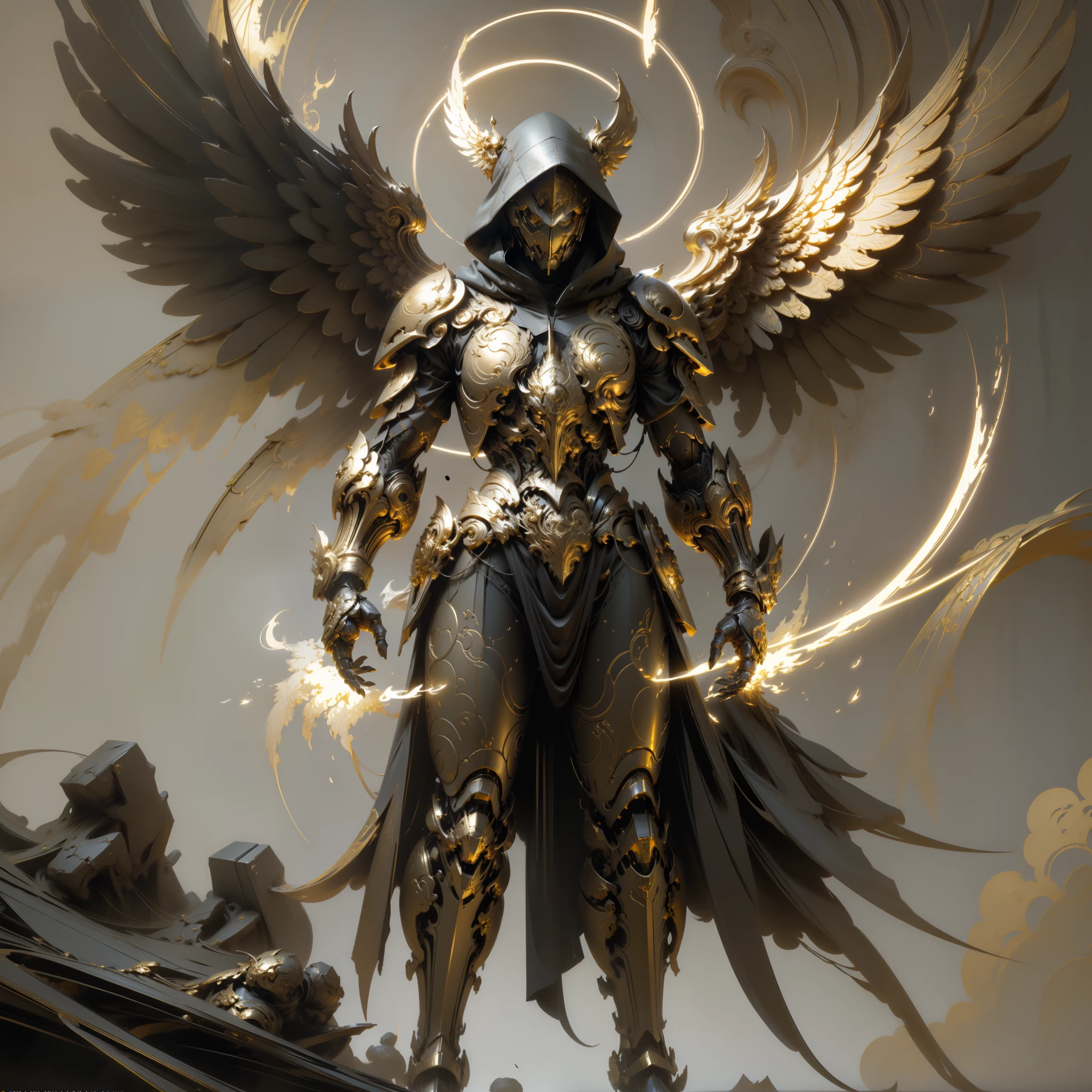 Golden armored angel, wings made of energy, metal halo, no face, hooded, gold, fantasy, concept art, ultra realistic, character art by greg rutkowski