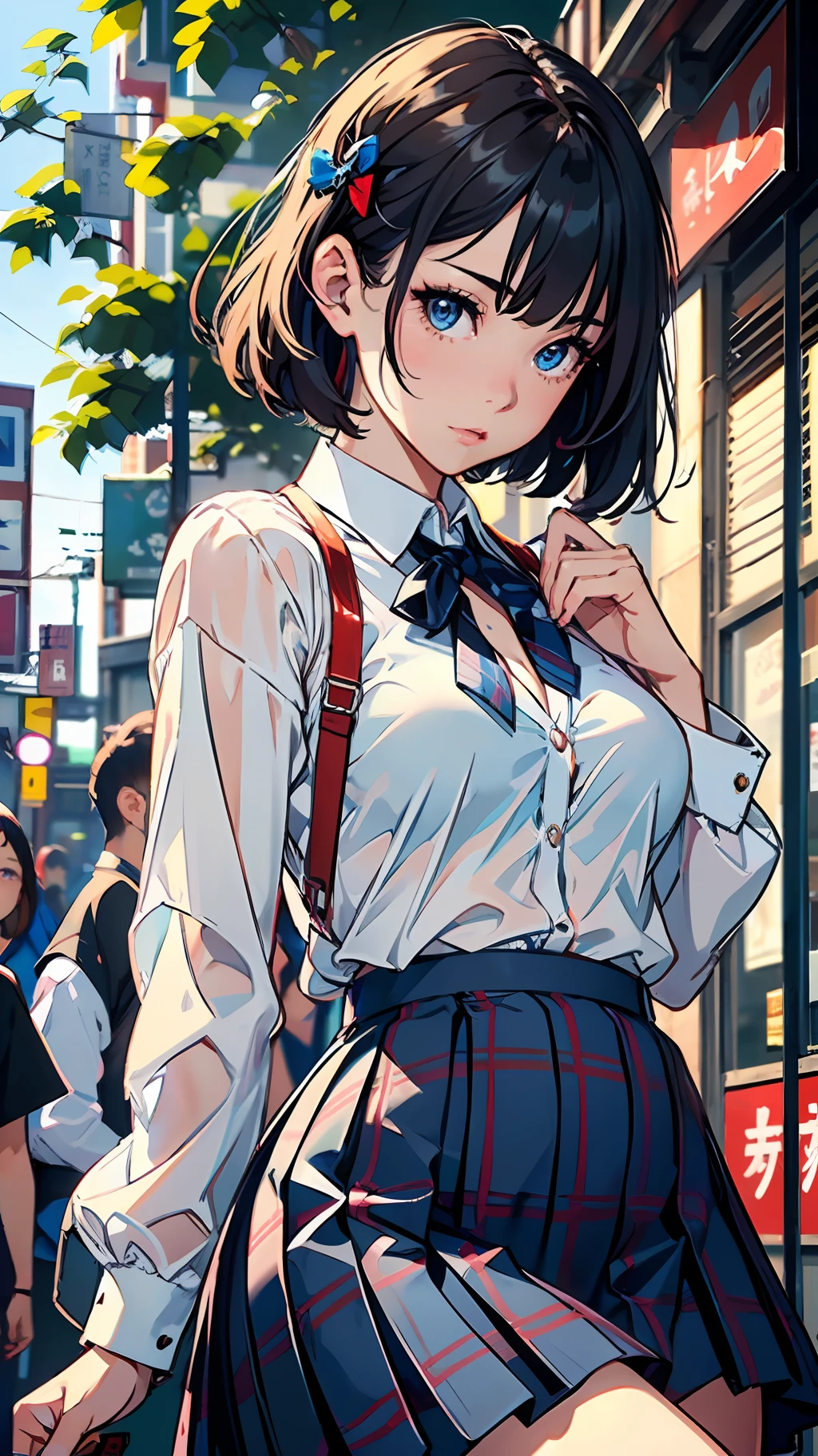 (top-quality、masterpiece)、1girl、intricate detailes、(Realistic lighting with shades)、huge filesize,、hight resolution、 elegent、 realisitic、 (Perfect anatomical depiction of the human body),、Teenage girl is raising her dancing legs in Japan schoolgirl outfit,、serious facial expression,、Girl is a brunette Japan with whitening skin blue eyes and braided short cuts with bangs、 (Smaller chest)、(small tits)、(big breasts thin waist)、(thighs thin)、(a baby face)、((Crimson ribbon ties)). (Neat white blouse with smooth thin fabric)、(no-bra)、 (Micro mini pleated skirt with dark blue tartan check)、 (White panties covering the buttocks)、((No skin exposed on upper body))、(Neat clothes with all buttons fastened)、(The hem of the blouse is tucked inside the skirt),、(The belly, back and chest are hidden by the blouse and cannot be seen directly.)、 (Beautiful big blue eyes), (Thin and clear double eyelid lines for the eyes),、(Glossy, plump and bright tone teardrop bags under the eyes),、(Light blue iris),、(The iris and pupil have several highlights),、(Long eyelashes that clearly indicate their presence), (Sheer blouse),、(Skin and hair sparkle in the sunlight)、Shots in the city in the daytime,、cameltoe、 (Shots in beautiful poses facing front or backward), perfect hands, nice hands, bowtie,