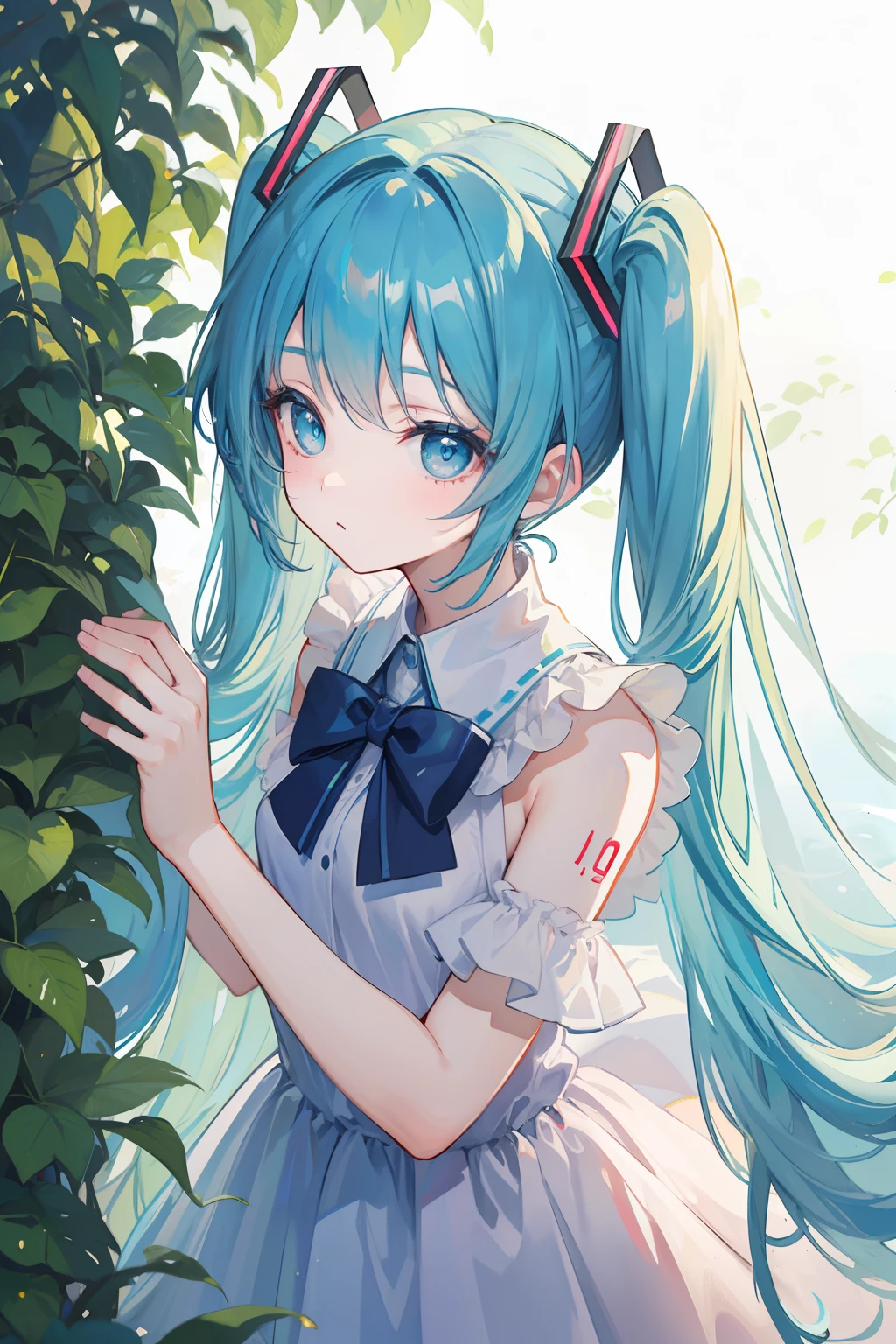 (Detailed description)+、(top-quality)+、(ighly detailed)+、(masterpiece)+、(ultra-detailliert)+、(The best illustrations)++、(Best Shadows)、Original、illustratio、top-quality、masterpiece、dynamic ungle、Detailed beautiful backgrounds、depth of fields、Beautiful lights and shadows、tiny girl、pallor hair、blue eyess、Medium Hair、shairband、bow ribbon、tiny chest、((miku hatsune))、fairytale、Art Brushes、((watercolor paiting\(Curly\)))、Sleepy girl、Under the tree、Lusting、Enchanted、seductiv、 She was thinking in her own mind(Because hot days made her feel so sleepy and stupid、As long as she can)、