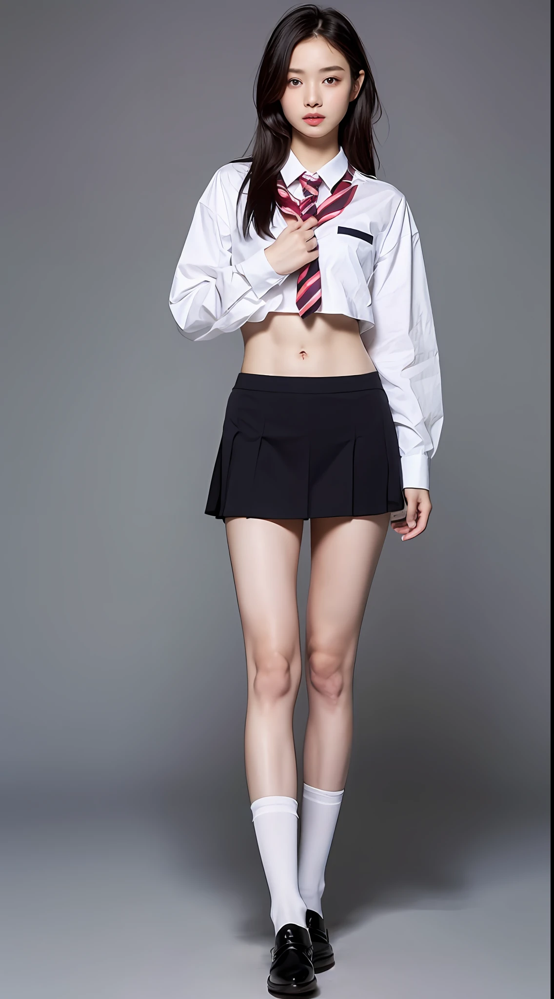 beste-Qualit、​masterpiece、1 little girl、A slender、Smaller chest、Summer uniform、hyperdetailed face、Detailed eye、二重まぶた、pleatedskirt、full bodyesbian、without background、Beautiful abs、knee high socks、a navel
