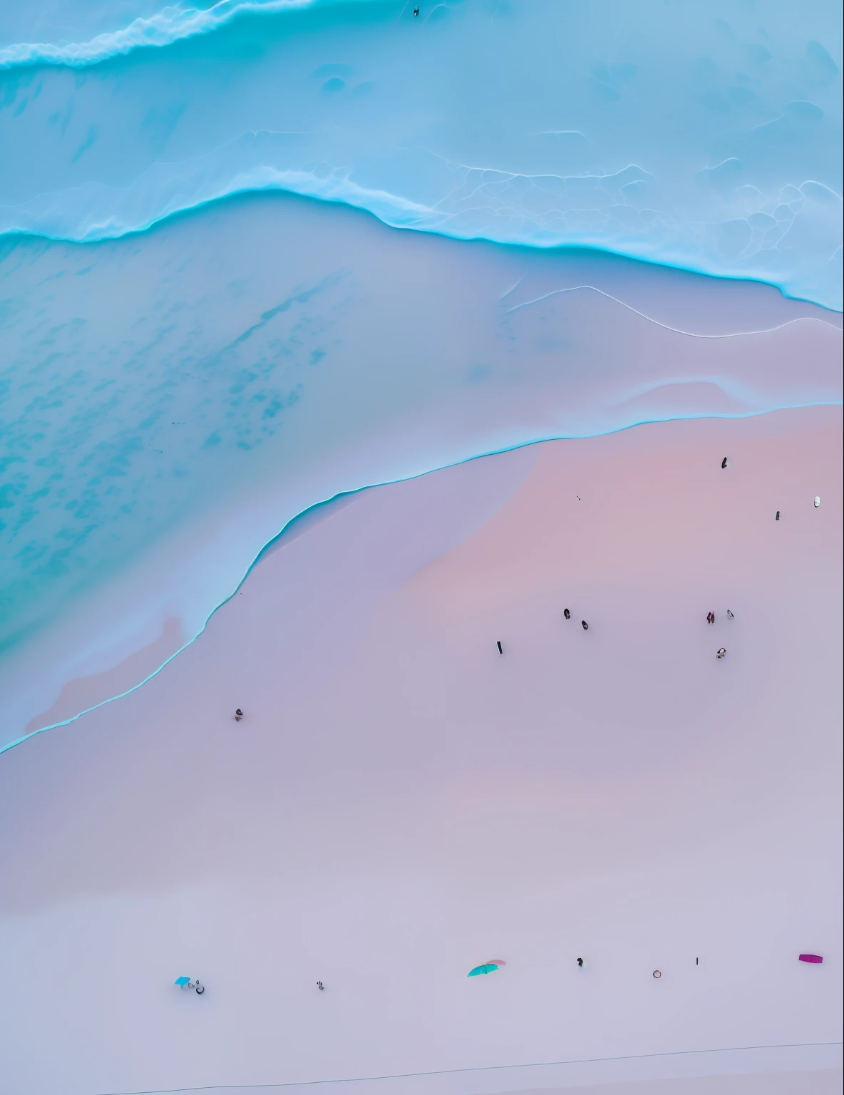 Aerial view of the beach of a couple walking on the sand, The surface of the sea glows、optic、Admire the pink sea, Australian beaches, Shades of pink and blue, Beach aesthetics, Soft sand coastline, Shot from above, From above, View from the top of the seascape, Seen from above, pink and blue colors, sand and sea, Mauve and cyan, Drone Photography