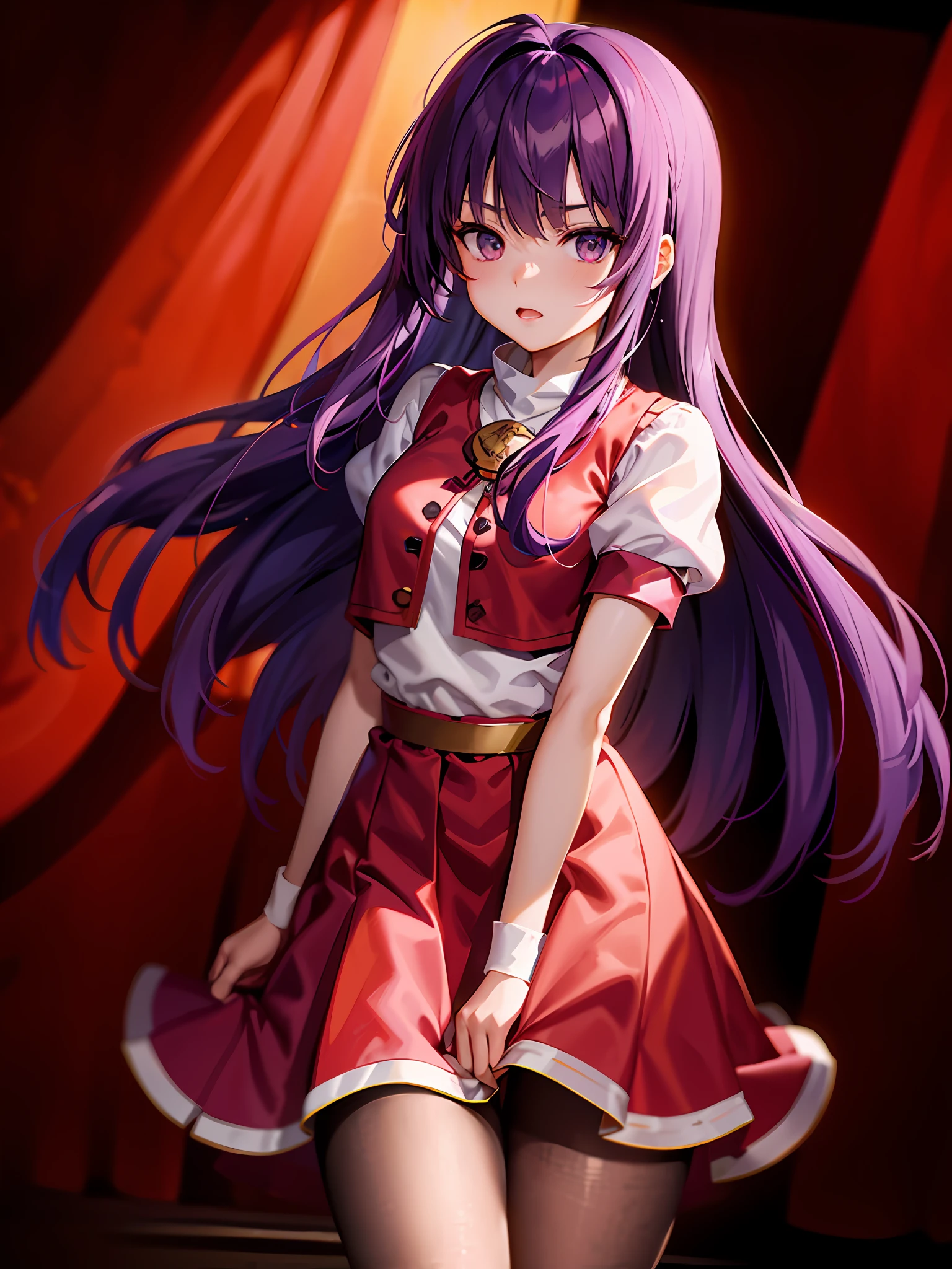 Anime girl with long purple hair and red dress, Misato Katsuragi, anime moe art style, Marin Kitagawa fanart, Official artwork, Ayaka Genshin impact, anime style like fate/stay night, ilya kuvshinov with long hair, cushart krentz, iwakura lain, Smooth anime CG art, made with anime painter studio