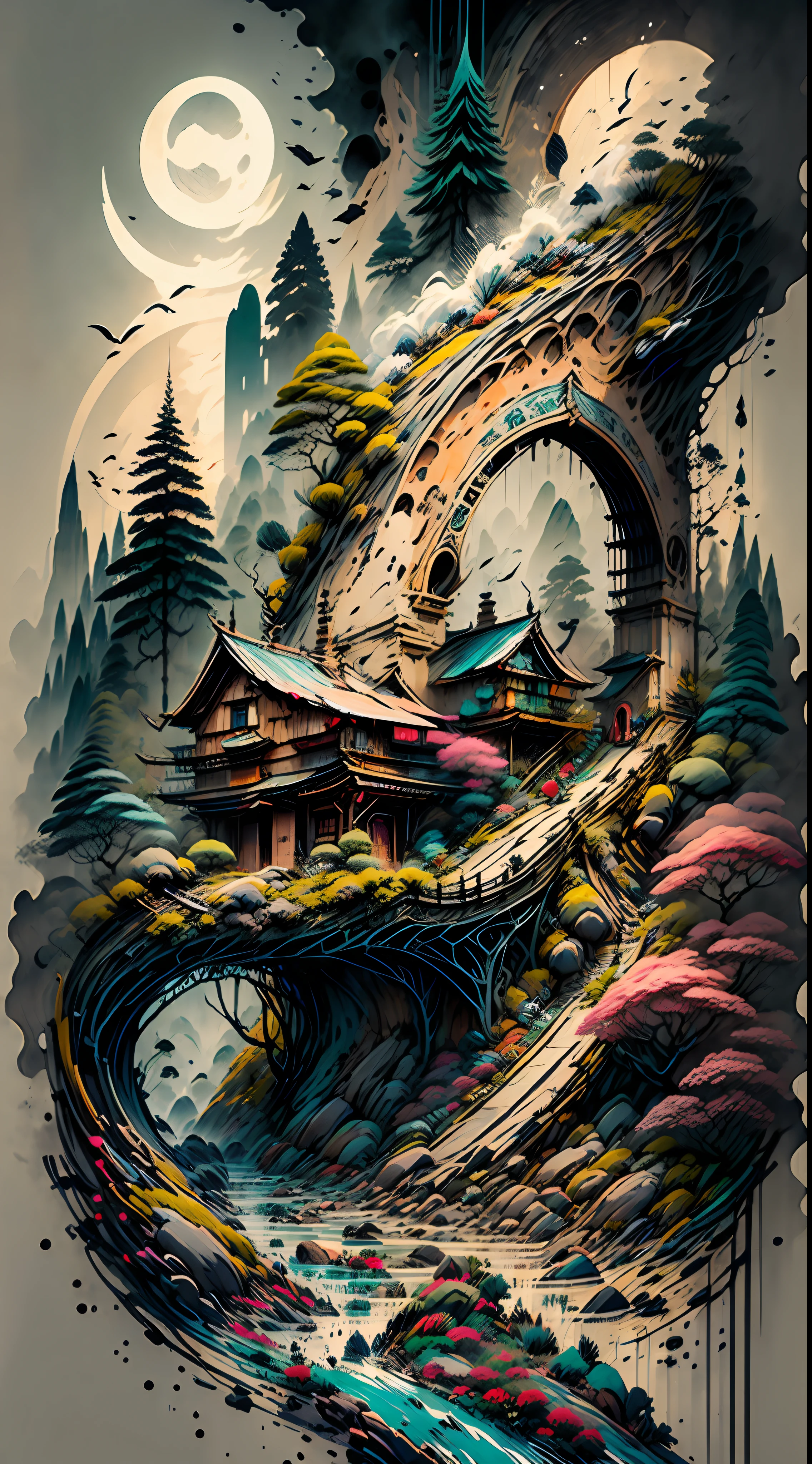 Um lugar magico com cores vivas cachoeiras, montanha, uma ponte e uma cidade ao orizonte, 8k, contraste +25