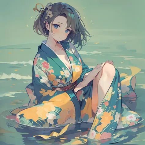 (masterpiece)), (best quality), amelia watson,amelia_kimono, blue kimono, yellow hakama, fish print, (nsfw: 1.5), full body, sol...