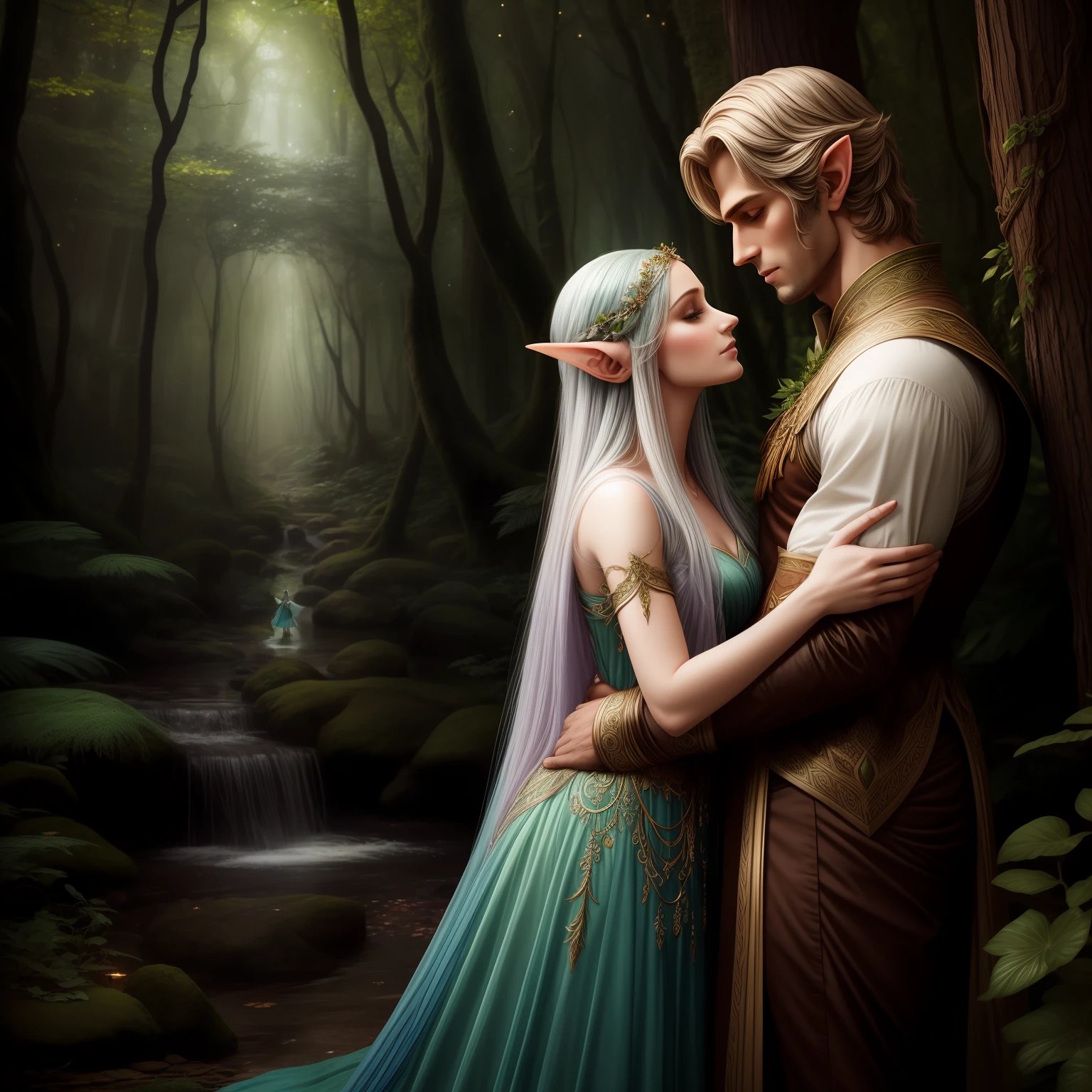 "beautiful ethereal elven woman enchanted by affectionate connection with handsome human man in enchanted forest"
