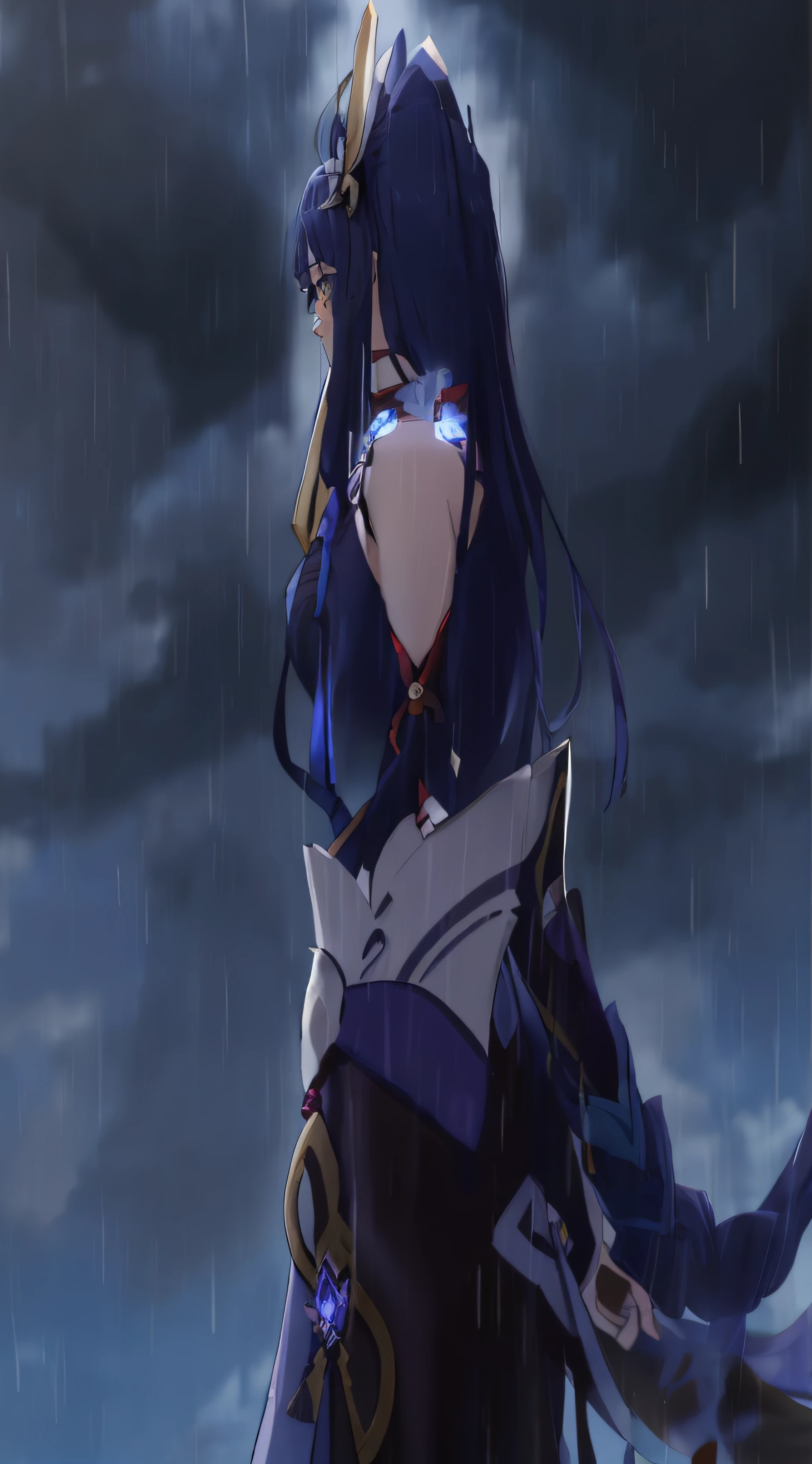 A woman standing in the rain in a dress and a sword, Ayaka Genshin impact, ayaka game genshin impact, shalltear bloodfallen, Genshin impact's character, zhongli from genshin impact, shalltear from overlord, Keqing from Genshin Impact, Genshin, A scene from the《azur lane》videogame, video game genshin impact