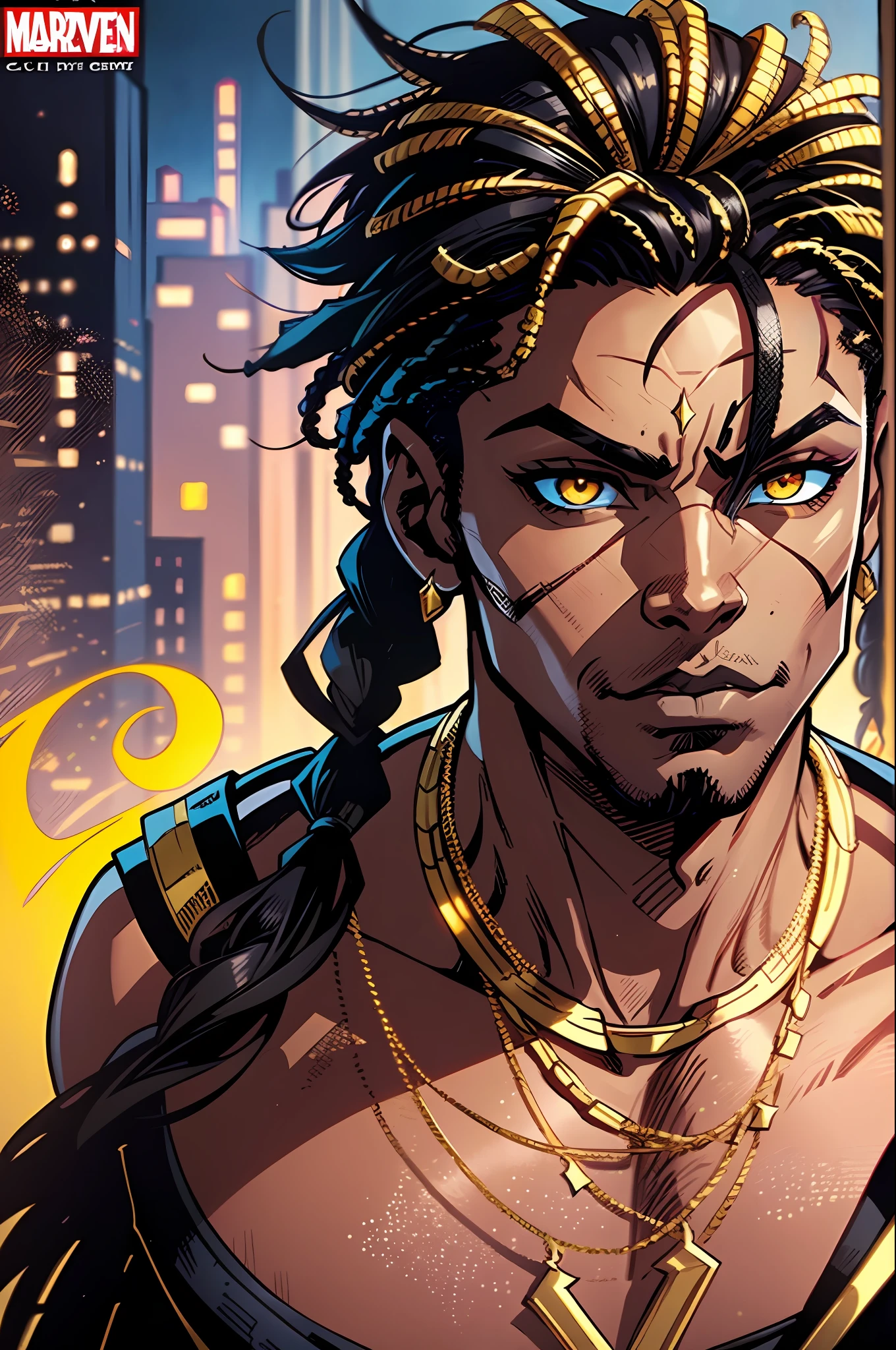 Masterpiece, Excellent, 1boy, solo, complex details, color diffusion, comic book, anime, marvel, DC, prince, dark skin, ebony, brown skin, dark-skinned male, dark hair, black hair, dreadlocks, golden eyes, epic attire, assassin, badass, trending, demon, anti-hero