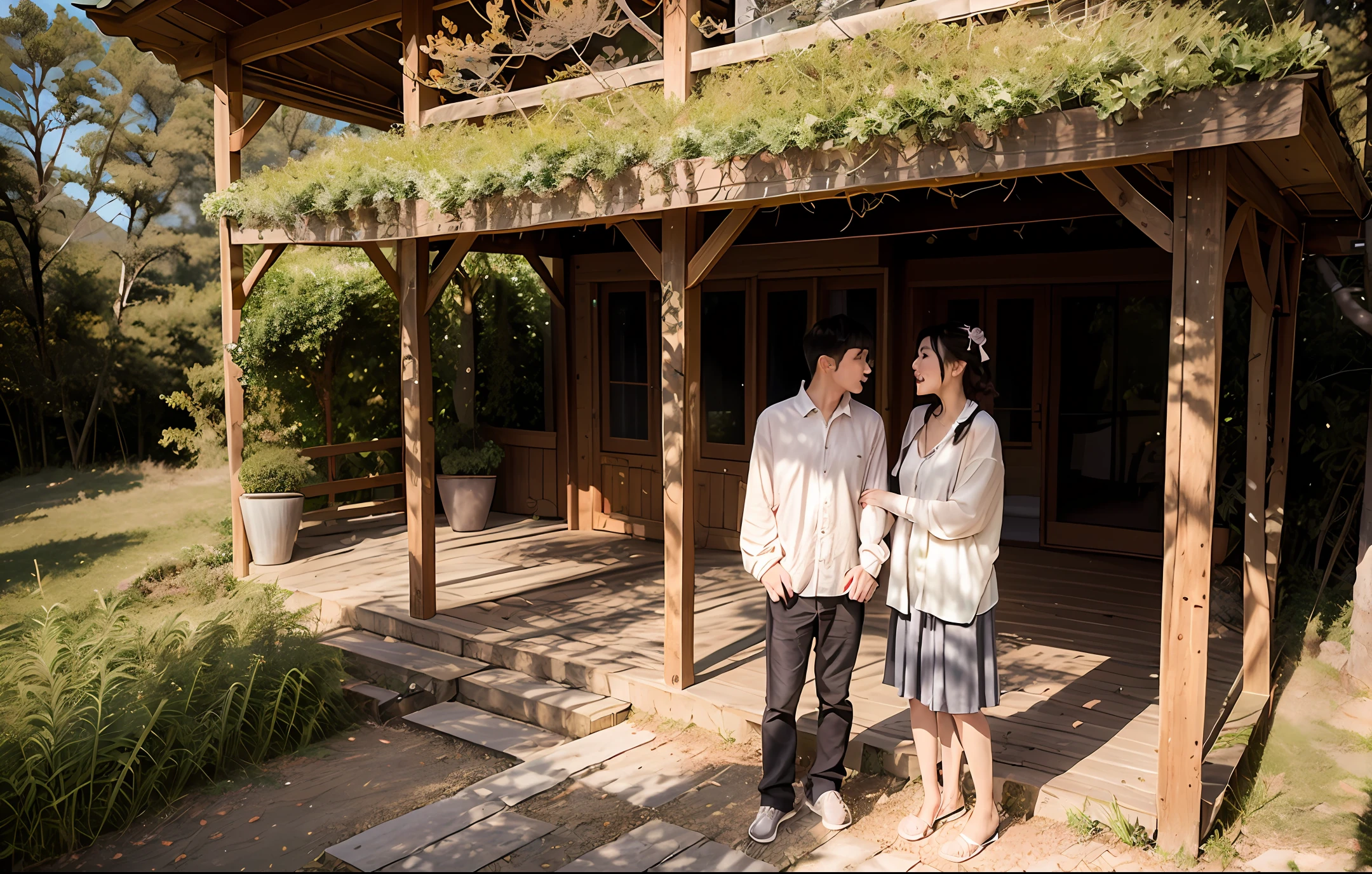 A man and a woman 30 years old couple，Fall in love in a pavilion on the mountain，There is a suspension bridge on the mountain，Boys carry girls on their backs，It was cosy。