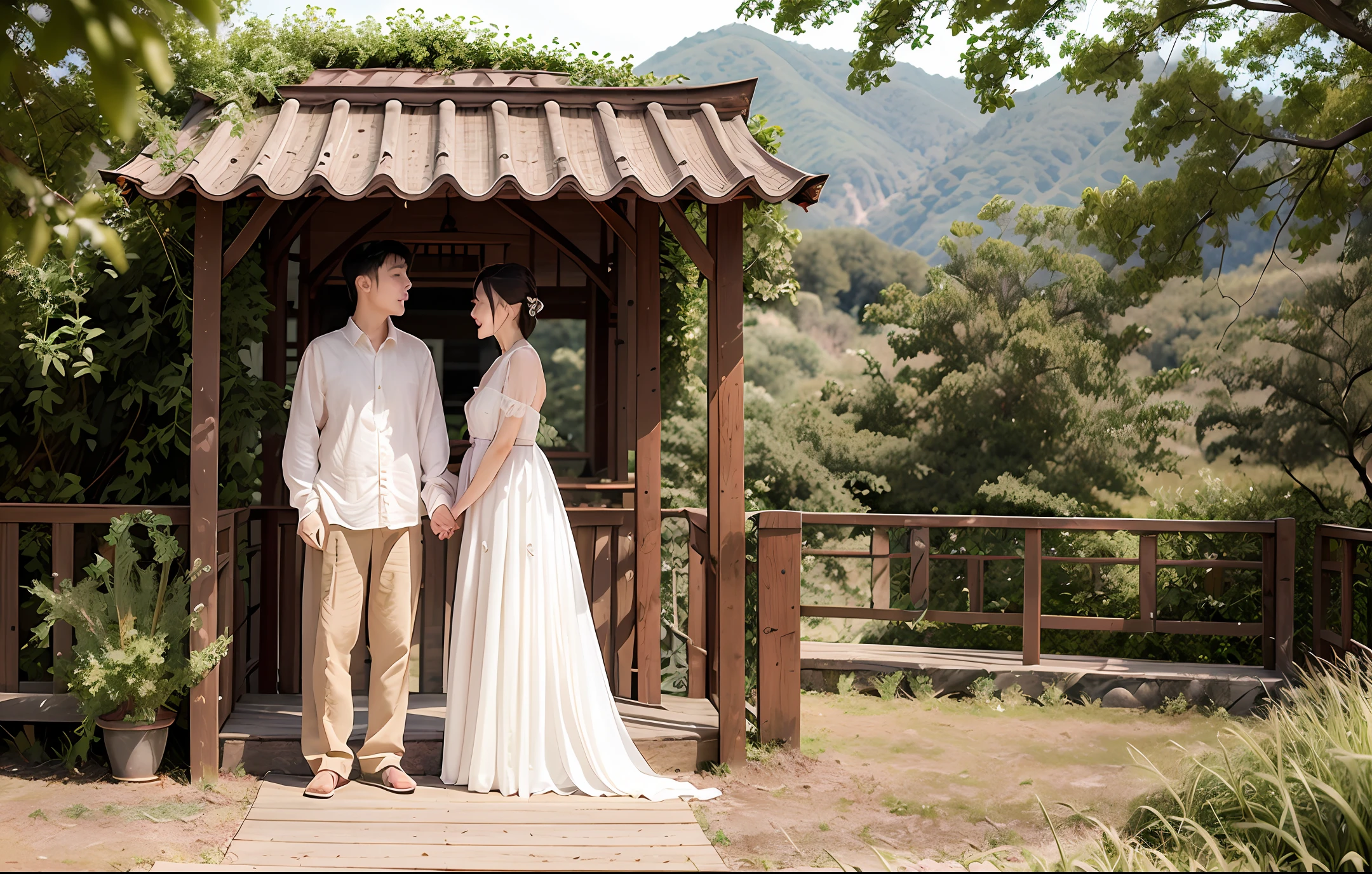 A man and a woman 30 years old couple,Fall in love in a pavilion on the mountain,There is a suspension bridge on the mountain,Boys carry girls on their backs,It was cosy。