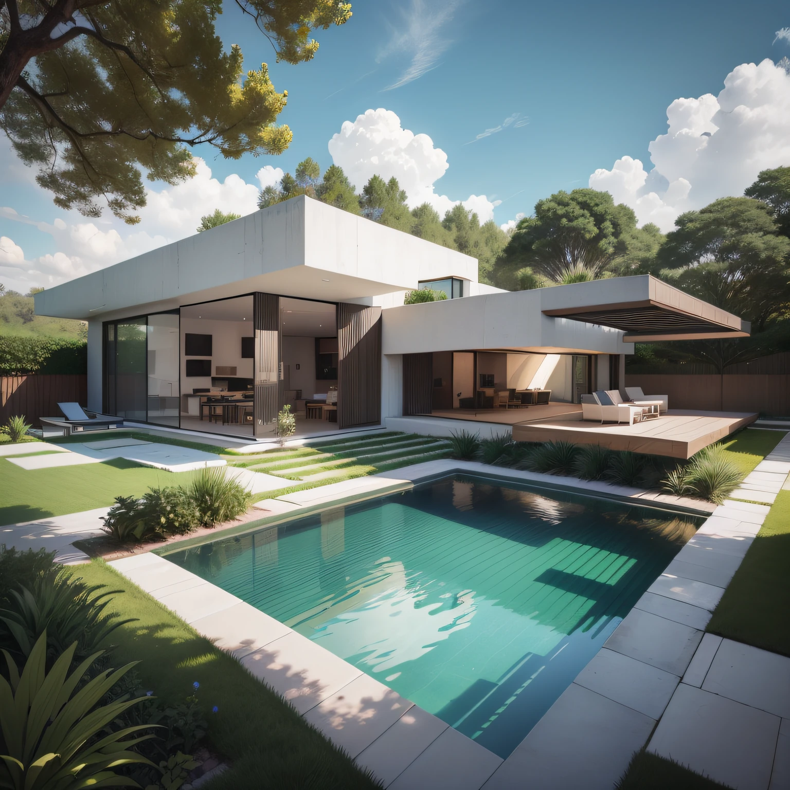 Organic modern architecture on a plot without walls and fences, Terreno bastante grande, terreno com cavalos, paisagem liver, pradaria com arvores , There is a swimming pool in the middle of a large one-story house, cor da casa em vigas marrom chocolate e preto, large modern residence, telhados planos e jardim, render luxcore, renderizar oktane, a photorealistic rendering, architectural render, mantra rendering, architectural render, realism rendering, architectural visualisation, piscina de bem-estar, architectural visualisation,  Large green areas, com pequenas zonas de flores de lavanda, arbustos verdes tipo exuberante jardim verde, as well as small water mirrors, swimming pool embedded in an area of sand, oliveiras e pinheiros ao redor da casa, quadra de padel ao lado da casa
