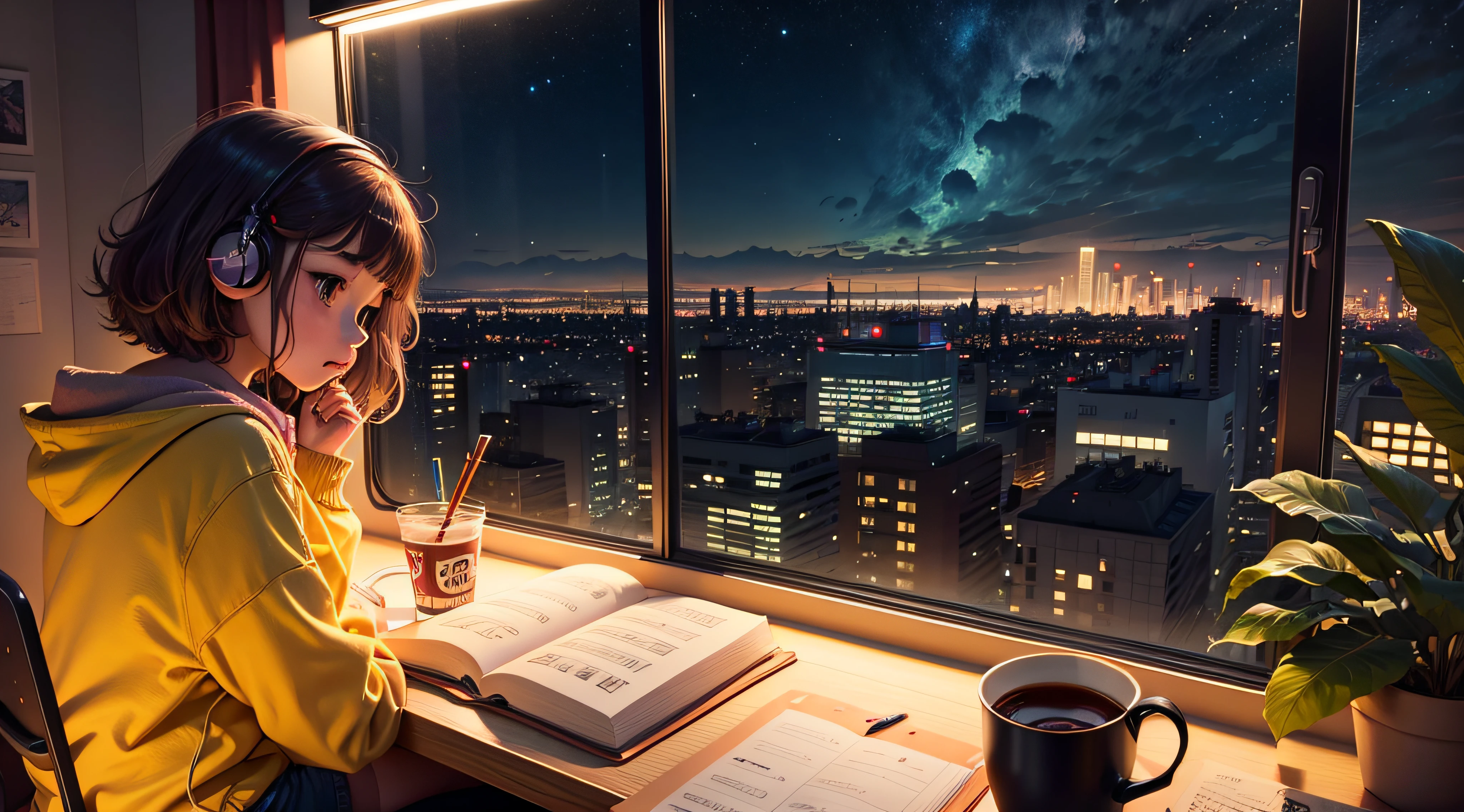Lofi Music Anime Illustrations, uma em um quarto estudando, com livros, um notebook com uma pela vista de uma cidade a noite chovendo, listening to music while conceiving in studies, uma atmosfera agradavel e um pouco escuro o quarto --auto