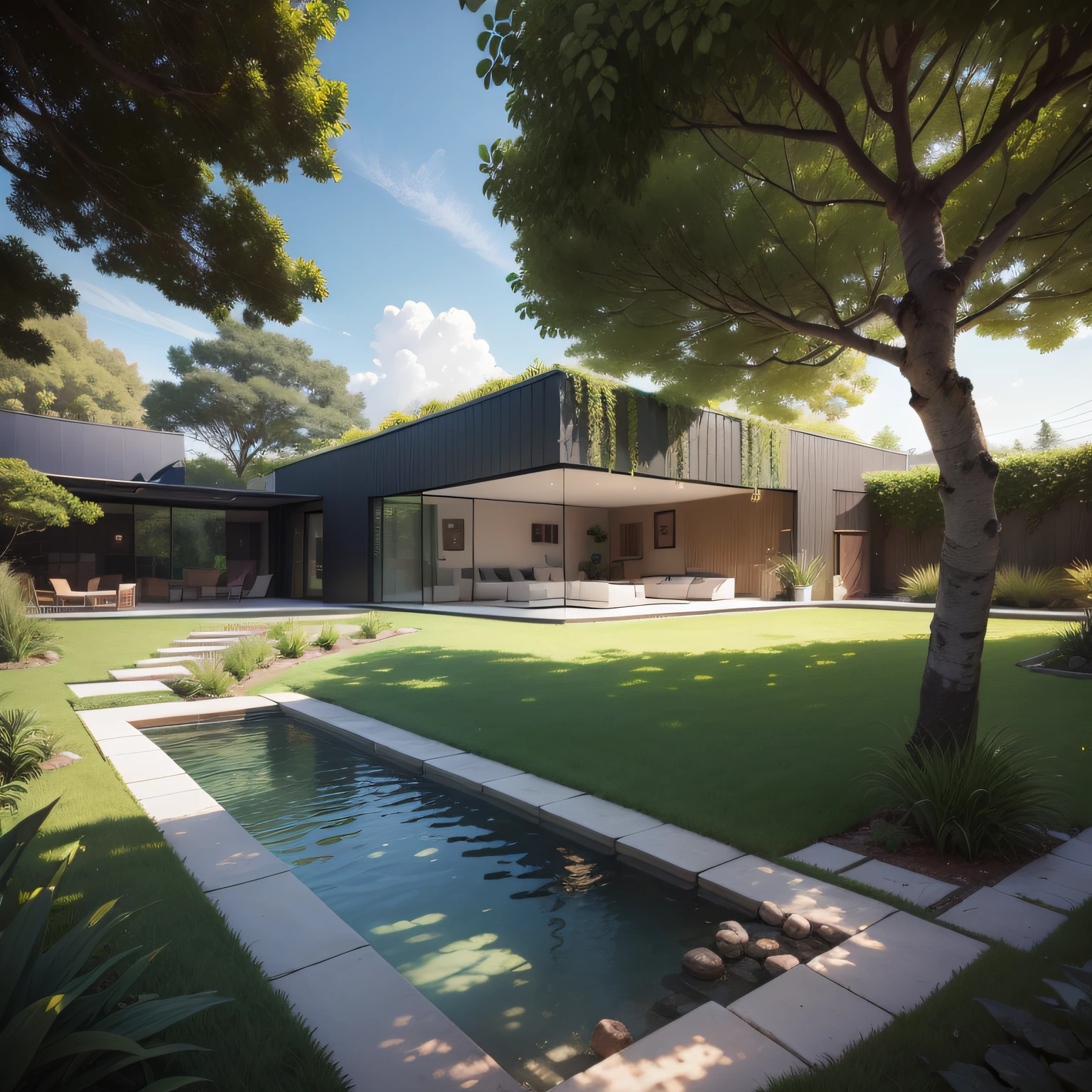 Organic modern architecture on a plot without walls and fences, Terreno bastante grande, terreno com cavalos, paisagem liver, pradaria com arvores , There is a swimming pool in the middle of a large one-story house, cor da casa em vigas marrom chocolate e preto, large modern residence, telhados planos e jardim, render luxcore, renderizar oktane, a photorealistic rendering, architectural render, mantra rendering, architectural render, realism rendering, architectural visualisation, piscina de bem-estar, architectural visualisation, Large green areas, com pequenas zonas de flores de lavanda, arbustos verdes tipo exuberante jardim verde, as well as small water mirrors, swimming pool embedded in an area of sand, oliveiras e pinheiros ao redor da casa, quadra de padel ao lado da casa