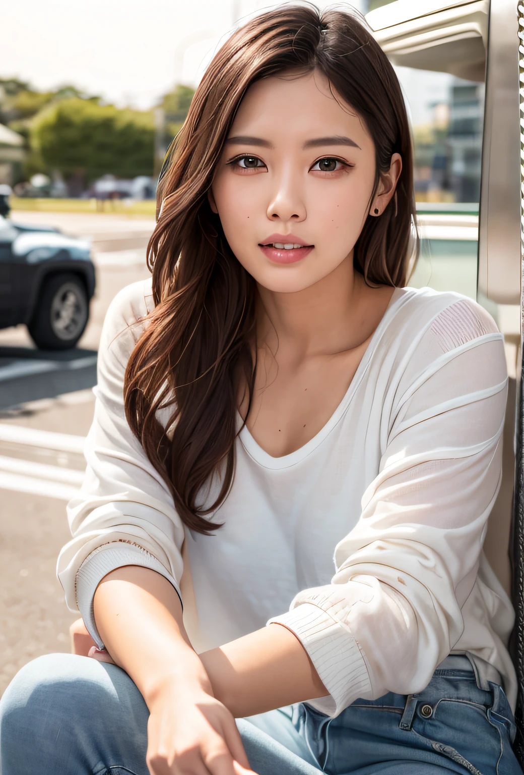 smile、White clothes、Denim skirt、A dark-haired、a park