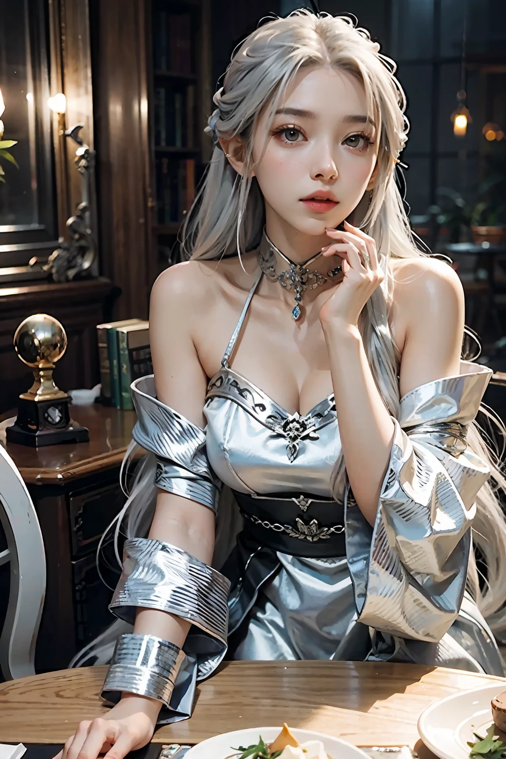 An Arafe woman with long hair and silver jewelry is sitting on a table, with long white hair, with white long hair, Very long silver hair, Long braided silver hair, full body xianxia, very beautiful elven top model, girl silver hair, cai xukun, Long silver hair, jia, Silver-haired girl, Silver long hair hair, Silver hair (pony-tail)