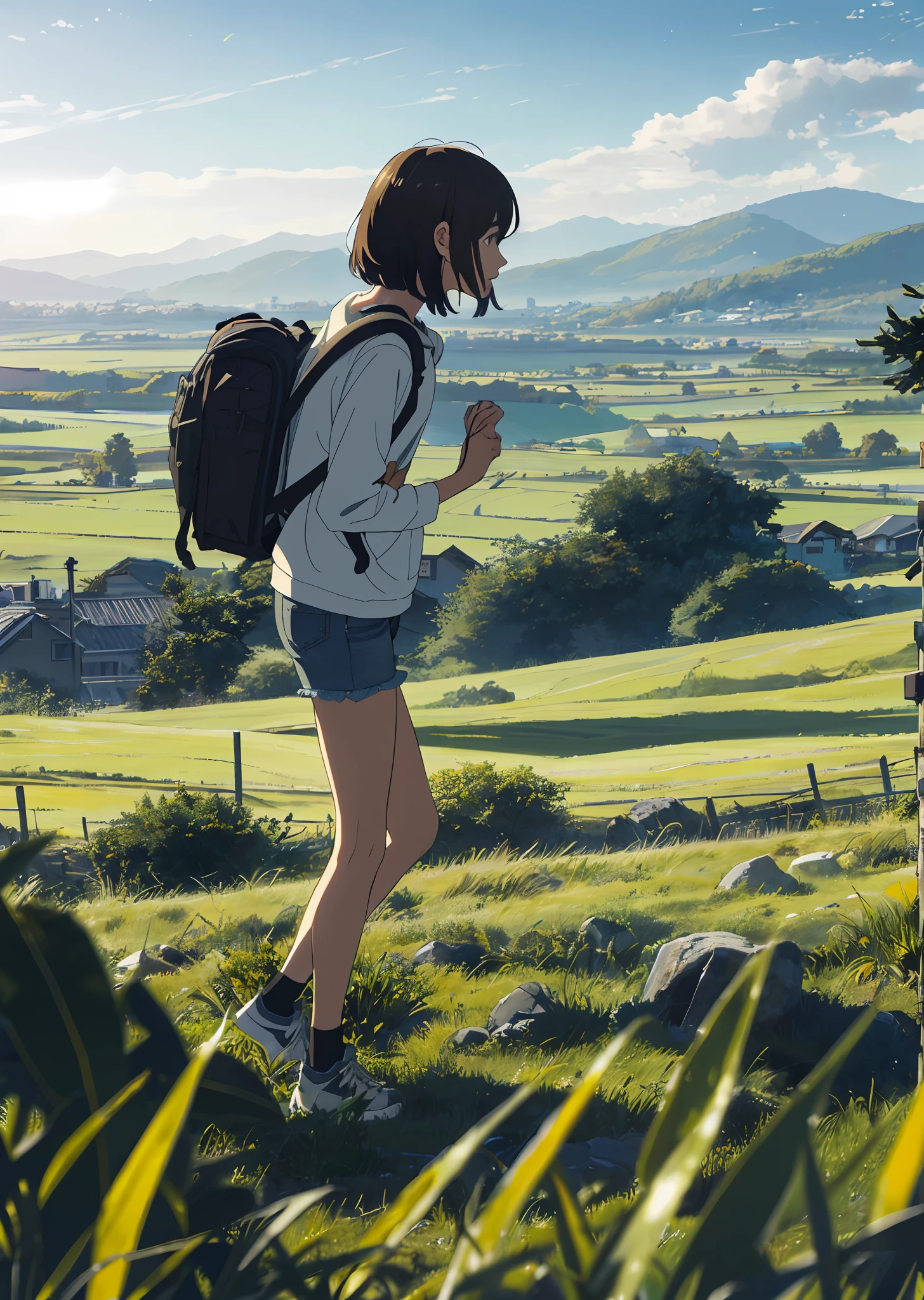 (beautiful and magnificent skyline, majestic sky), (extremely tense and dramatic pictures, moving visual effects), (high hanging Polaris, colorful natural light), (1girl), (long-sleeved top, denim shorts, carrying a backpack), (dynamic pose:1.3, black eyes, black hime-cut hair, sparkling girl)[:0.8], (large grassland), (oncoming breeze), (brown hair and background Coordination effect: 1.2), (close shot, long shot mix and match)[::0.9]