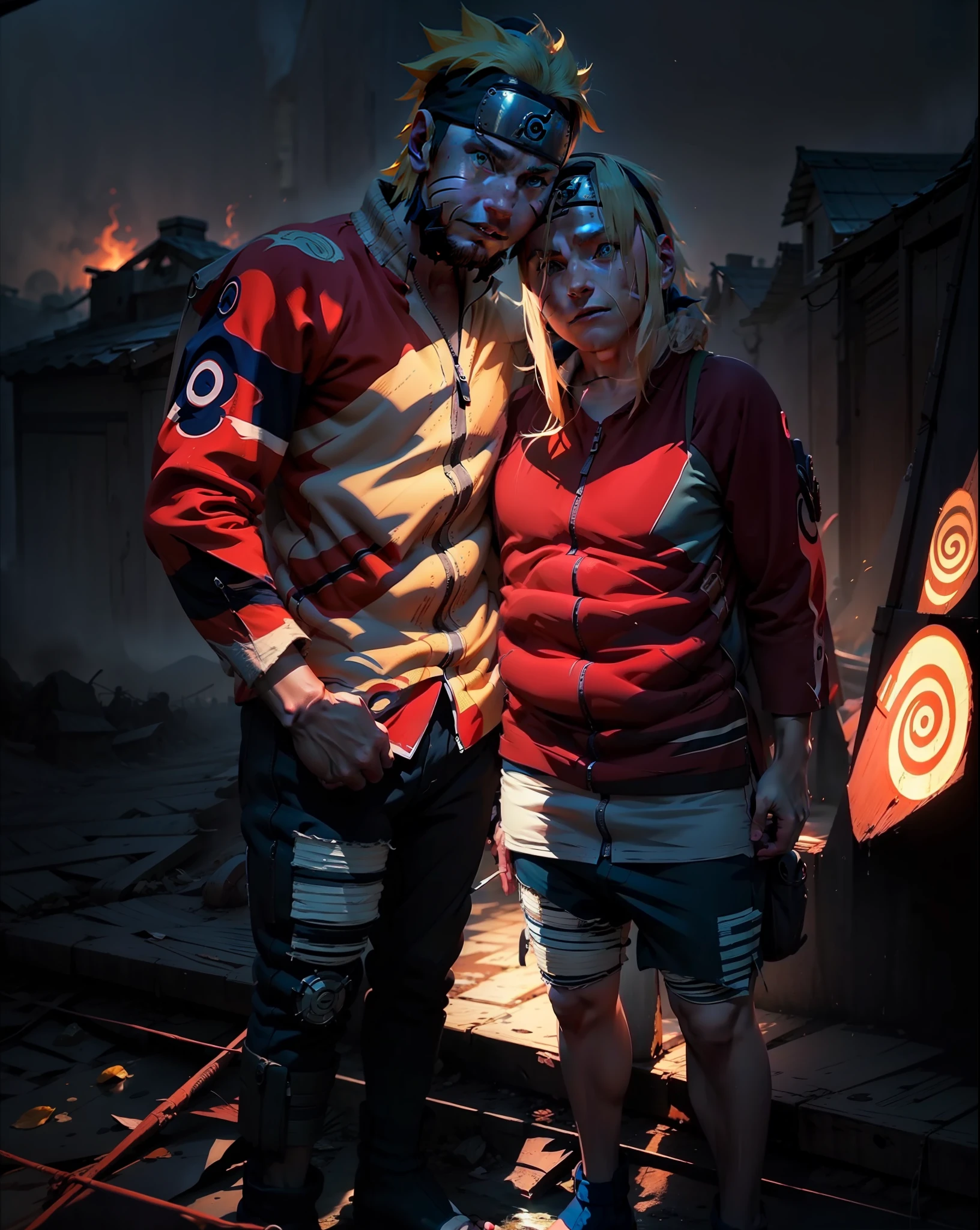 Naruto and Sakura's clothes with the headband, Naruto's village in the background.