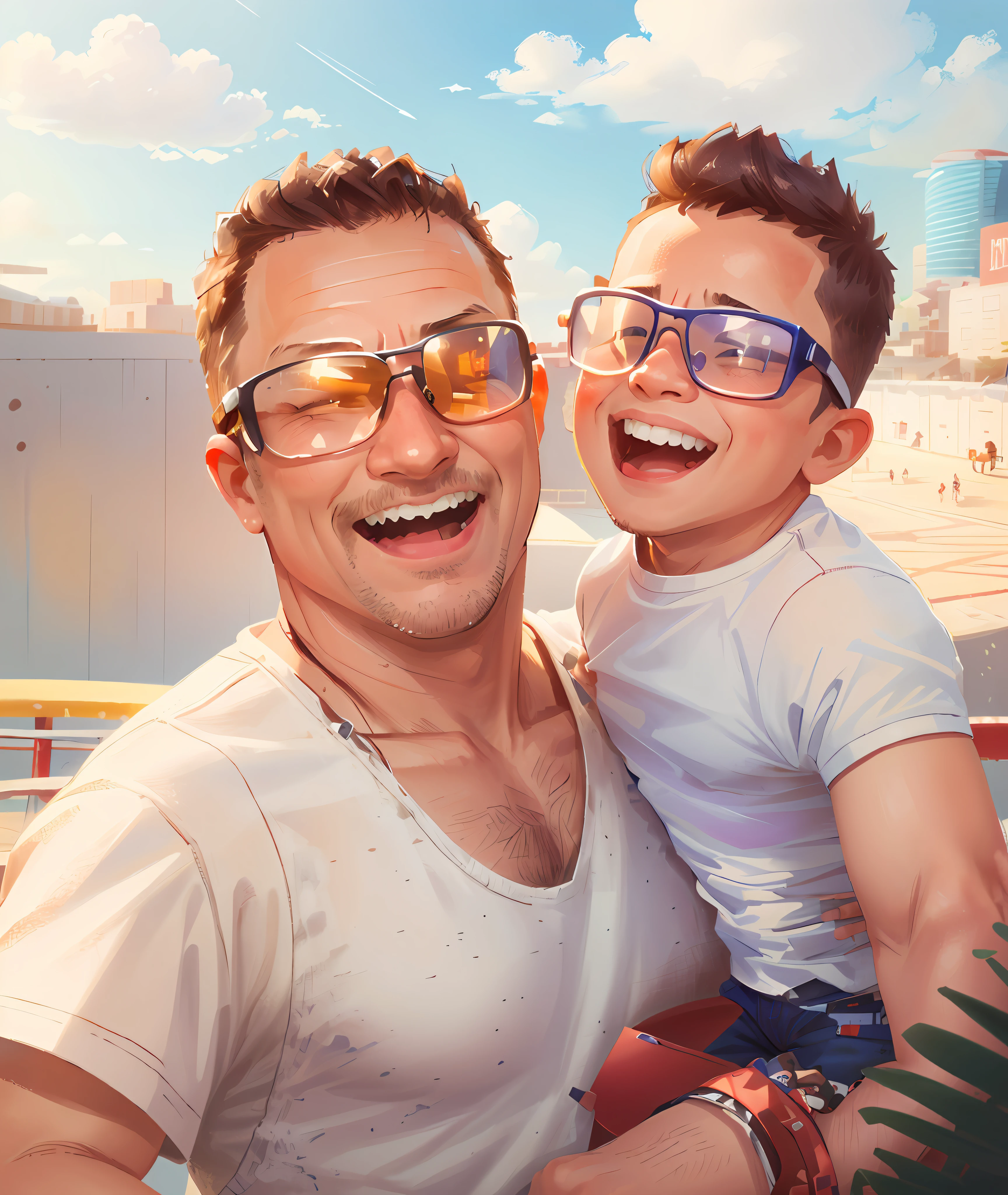sfw), father and child, father, 5 year old boy, amusement park, holding balloons, happy, happy, perfect quality, clear focus (clutter - home: 0.8), (masterpiece: 1.2) (realistic: 1.2) (bokeh) (best quality) (detailed skin: 1.3) (intricate details) (8K) (detail eyes) (sharp focus), (happy)