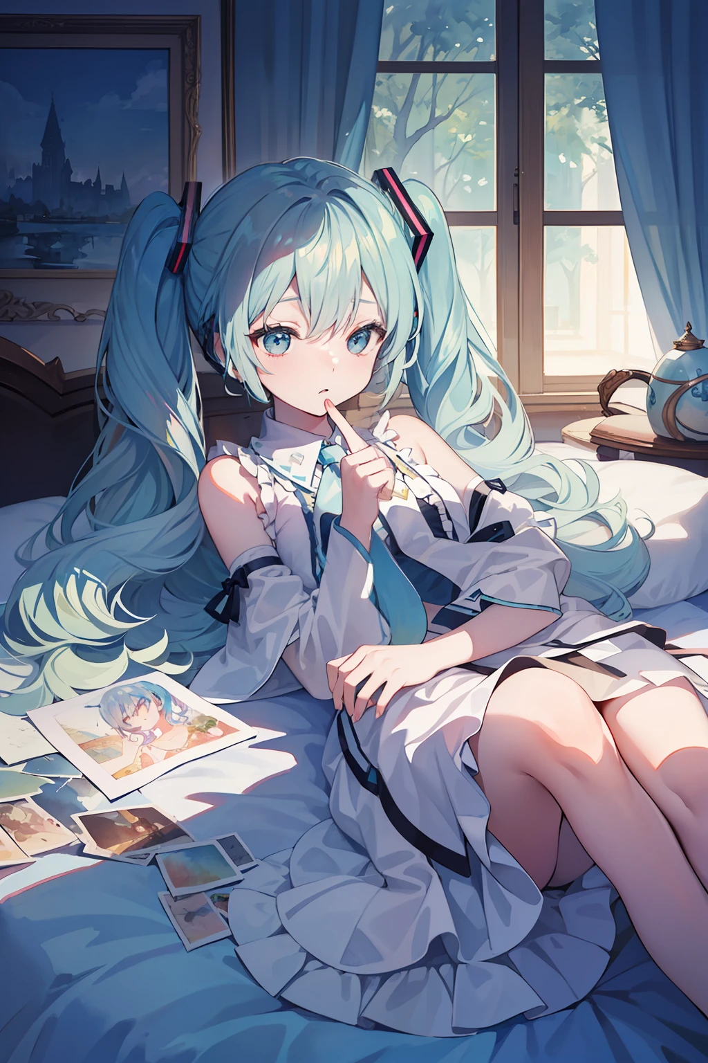 (Detailed description)+、(top-quality)+、(ighly detailed)+、(masterpiece)+、(ultra-detailliert)+、(The best illustrations)++、(Best Shadows)、delicate finger、Original、illustratio、top-quality、masterpiece、dynamic ungle、Detailed beautiful backgrounds、depth of fields、Beautiful lights and shadows、 girl、pallor hair、blue eyess、Medium Hair、shairband、bow ribbon、tiny chest、((miku hatsune))、fairytale、Art Brushes、((watercolor paiting\(Curly\)))、Sleepy girl、Under the tree、Lusting、Enchanted、seductiv、 She was thinking in her own mind(Because hot days made her feel so sleepy and stupid、As long as she can)、