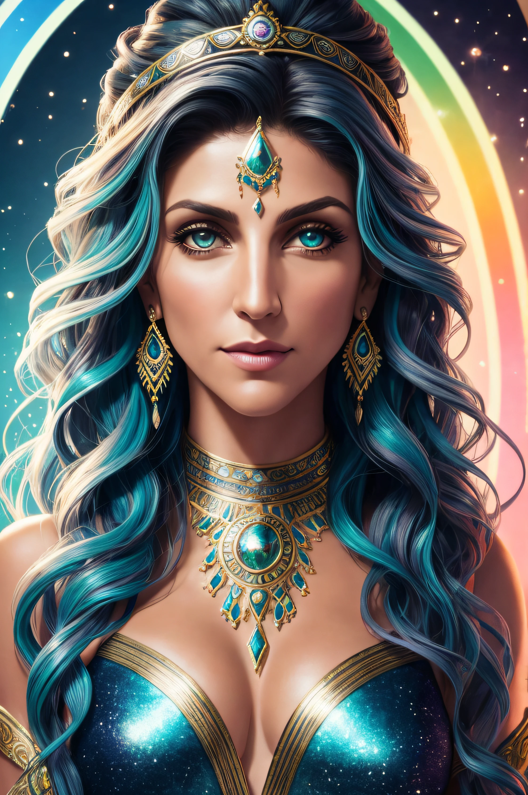 Jennifer Esposito as a wild mystic with wavy hair, metallic luster, detailed symmetrical eyes, Rosto bonito e detalhado, anatomicamente correto, Impeccable, appearing from colored liquid oil paint, emerging from the best quality rotary paint, rainbow colors, Estilo Andrew Atroshenko, luz brilhante e brilho, and magic diamond, Magic, Ethereal, 8k UHD, DSLR, soft lighting, alta qualidade, filmic grain, Fujifilm XT3 --auto