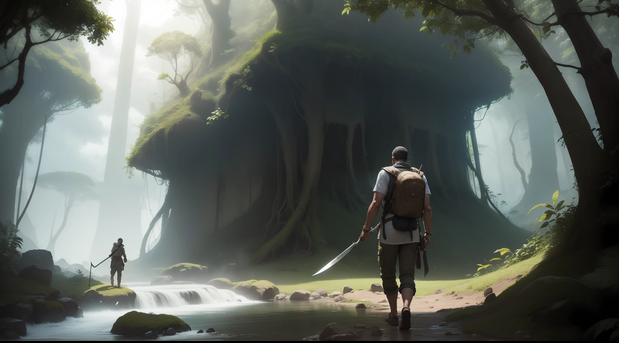 title: An intrepid explorer in a lush and mysterious jungle Description: An intrepid explorer of athletic stature, dark hair and eyes full of determination, com um sorriso contagiante. He is in a lush and mysterious jungle, full of exotic vegetation, Towering trees and crystal clear waterfalls. Rays of sunshine filtered through the treetops create a backdrop of enchanting light and shade. O explorador navega por trilhas sinuosas com agilidade e destreza, He cuts dense bushes with his faithful knife and climbs majestic trees with agility and fearlessness. It unravels ancient ruins and long-forgotten secrets, Facing unknown dangers with bravery and intelligence. Every step of the explorer is an exciting journey to unravel the mysteries of the jungle. Tema: Aventura Estilo: Realista Formato: Image Resolution: 1920x1080 Cor: Colorful Orientation: Retrato Fundo: Selva Personagem: Explorador Objetos: Faca, tree, cachoeira, Action ruins: Explorador navegando por trilhas sinuosas, cortando densos arbustos, climbing trees, Unraveling ruins, facing dangers Emotion: Aventura, mystery, EMOTION, suspense Ambiente: Selva exuberante e misteriosa Tempo: Dia Tempo: Claro Luz: Natural Efeitos especiais: Sem efeitos especiais , anime style, obra prima do anime , obra prima, --Aesthetic perfection, Etalhes intrincados, perfect features, Dramatic, cinematographic lighting, Highlight lighting, SSAA, smooth rendering, toguro, rudeus,