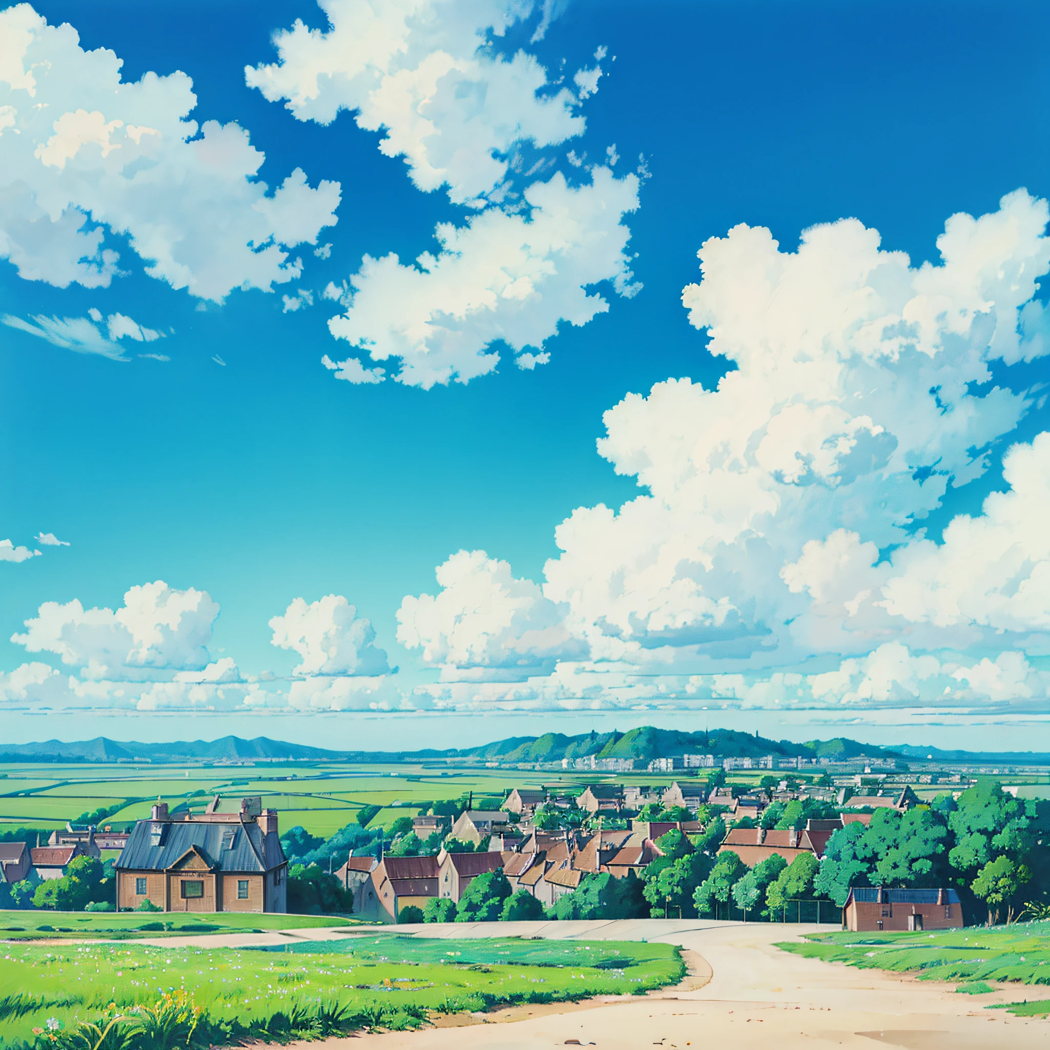 animesque、Skyscape with clouds、Landscape without buildings、You can see the touch of the brush、Studio Ghibli、Ghibli、Scenery、Style、Golden Time、sky line --auto