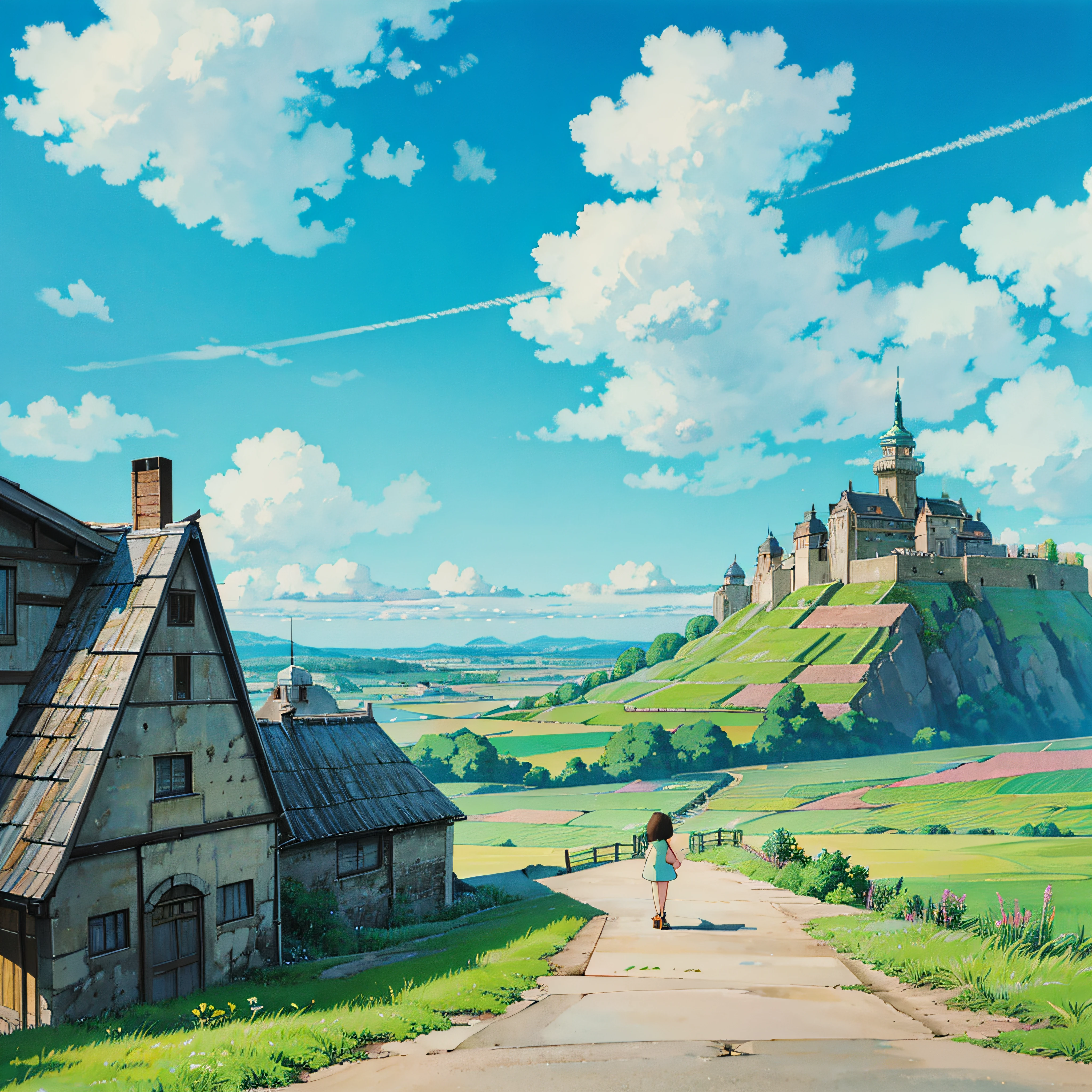 animesque、Skyscape with clouds、Landscape without buildings、You can see the touch of the brush、Studio Ghibli、Ghibli、Scenery、Style、Golden Time、sky line --auto