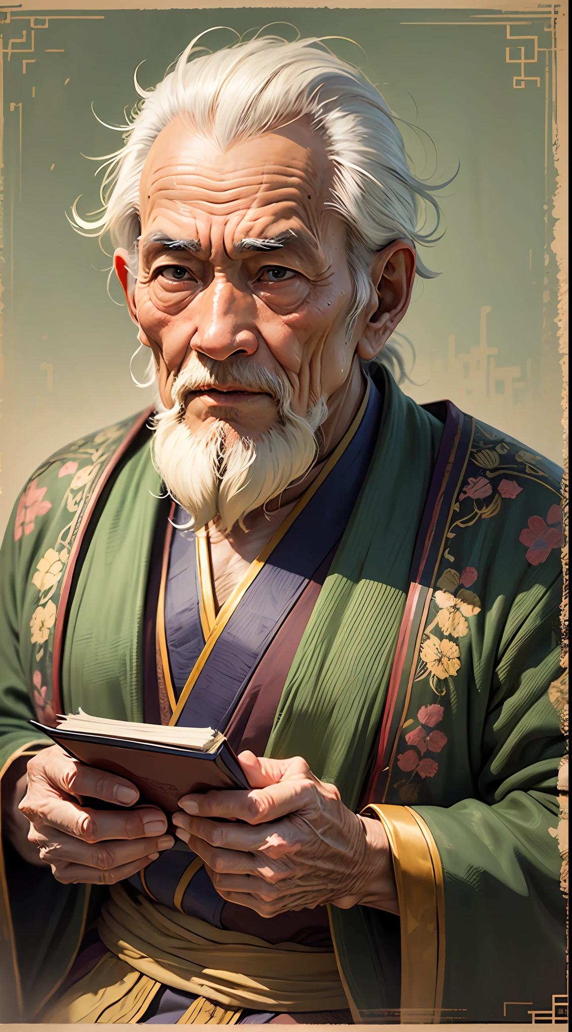 Oriental old man, vicissitudes, bronzed skin, sage, wise old man, real, robed, holding a book, looking straight ahead, front --auto --s2