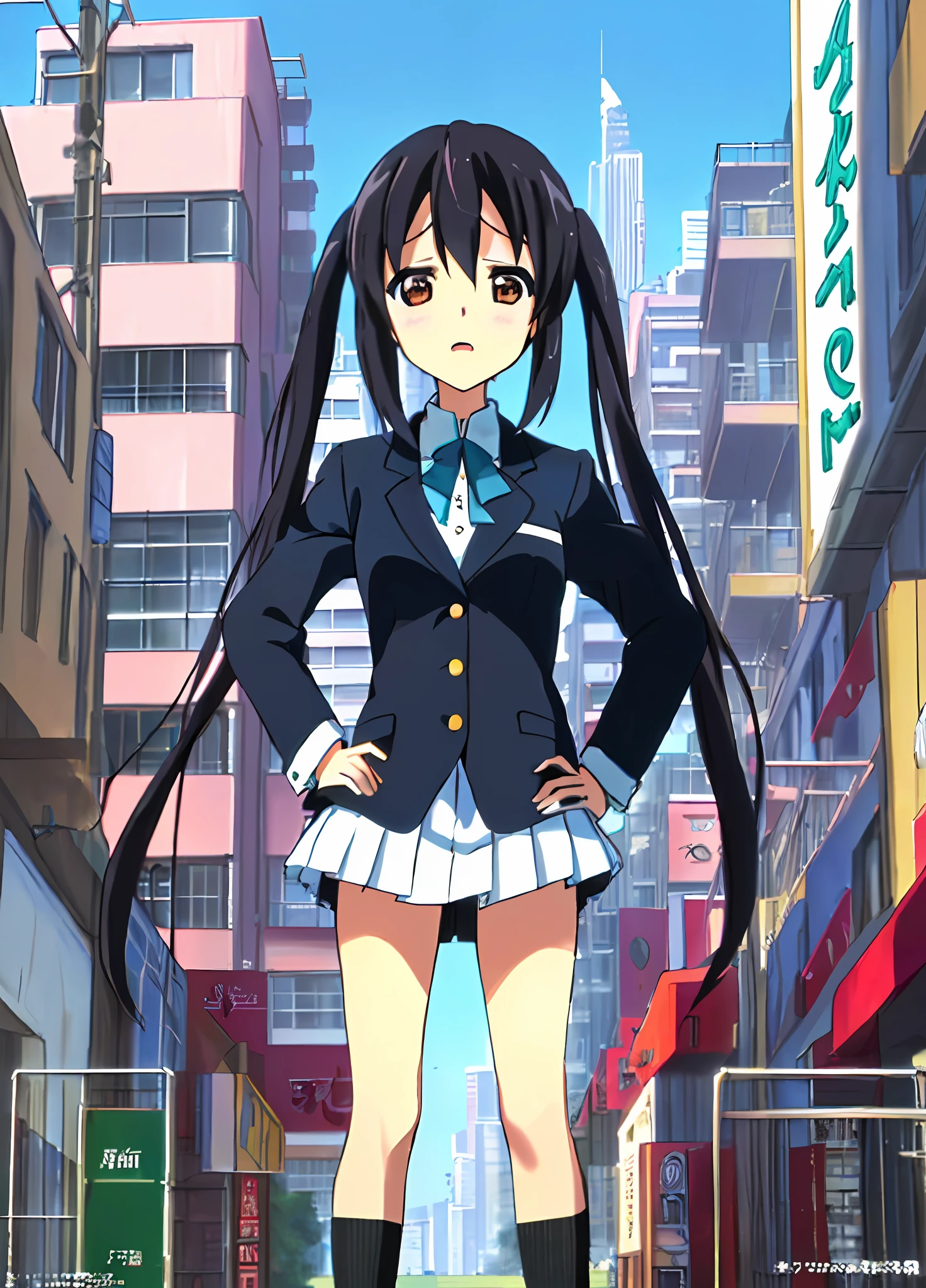 1girl, ((((Masterpiece))), Best Quality, Best Quality, High Detail, Azusa Nakano, 1girl, Sakuragaoka High School Uniform, Musical Instrument, School Uniform, Twin Tails, Long Hair, Black Hair, Brown Eyes, Solo, Red, Dark blue blazer with a thin ribbon of red, Solid white button shirt under blazer, Illustration, Cartoon, Soothing tones, Muted colors, Soft cinematic light, Adobe Lightroom, Photo Lab, HDR, complex and highly detailed, (((depth of field))))). (((Masterpiece))). (((highest quality))).) ((super detail))). (((Illustration))). (((外))).dynamic focus.small breasts. (((skyscrapers))). (((Cityscape))). (((Face of sadness))). open mouth. (((hands on hips))). (((Proud))).