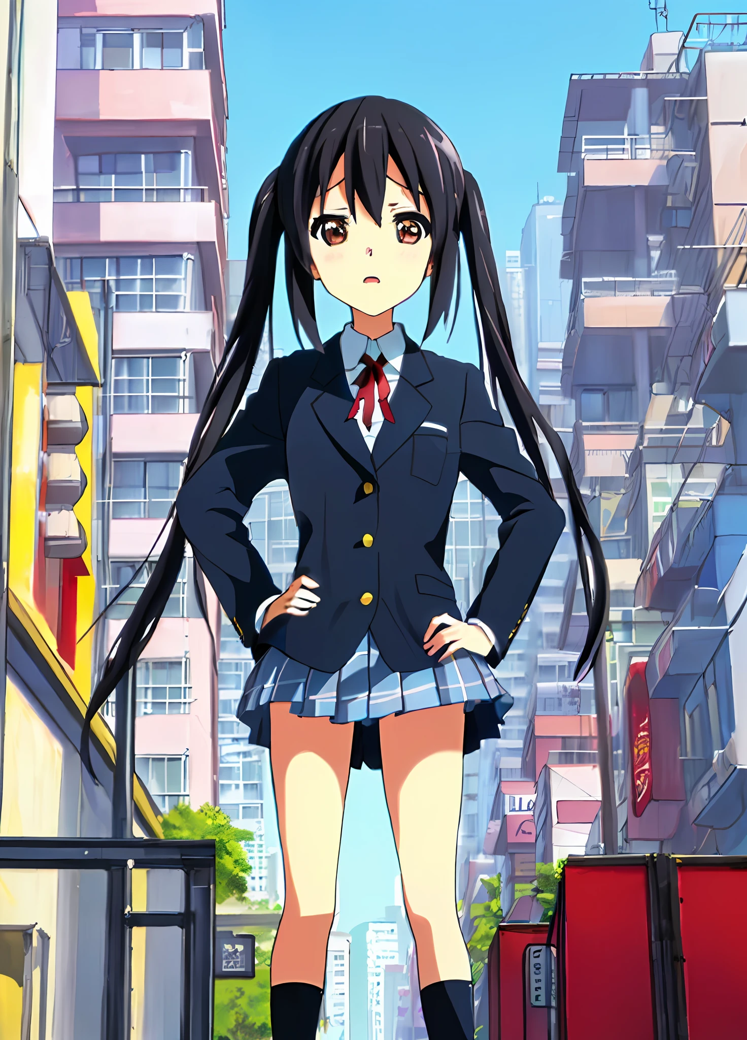1girl, ((((Masterpiece))), Best Quality, Best Quality, High Detail, Azusa Nakano, 1girl, Sakuragaoka High School Uniform, Musical Instrument, School Uniform, Twin Tails, Long Hair, Black Hair, Brown Eyes, Solo, Red, Dark blue blazer with a thin ribbon of red, Solid white button shirt under blazer, Illustration, Cartoon, Soothing tones, Muted colors, Soft cinematic light, Adobe Lightroom, Photo Lab, HDR, complex and highly detailed, (((depth of field))))). (((Masterpiece))). (((highest quality))).) ((super detail))). (((Illustration))). (((外))).dynamic focus.small breasts. (((skyscrapers))). (((Cityscape))). (((Face of sadness))). open mouth. (((hands on hips))). (((Proud))).